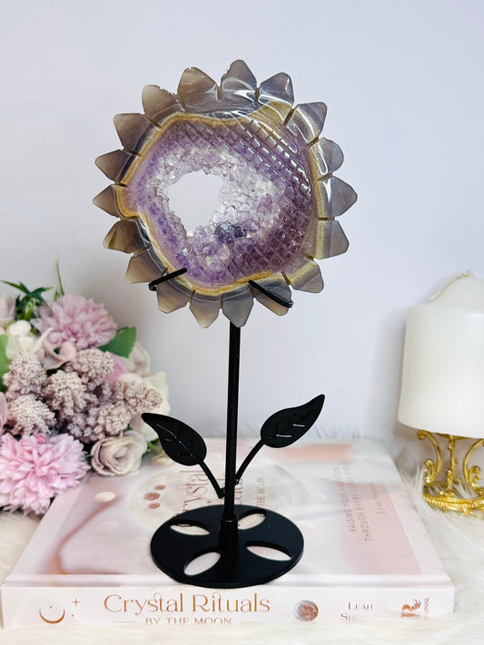 Druzy Amethyst X Agate Carved Flower On Stand 23cm 321g