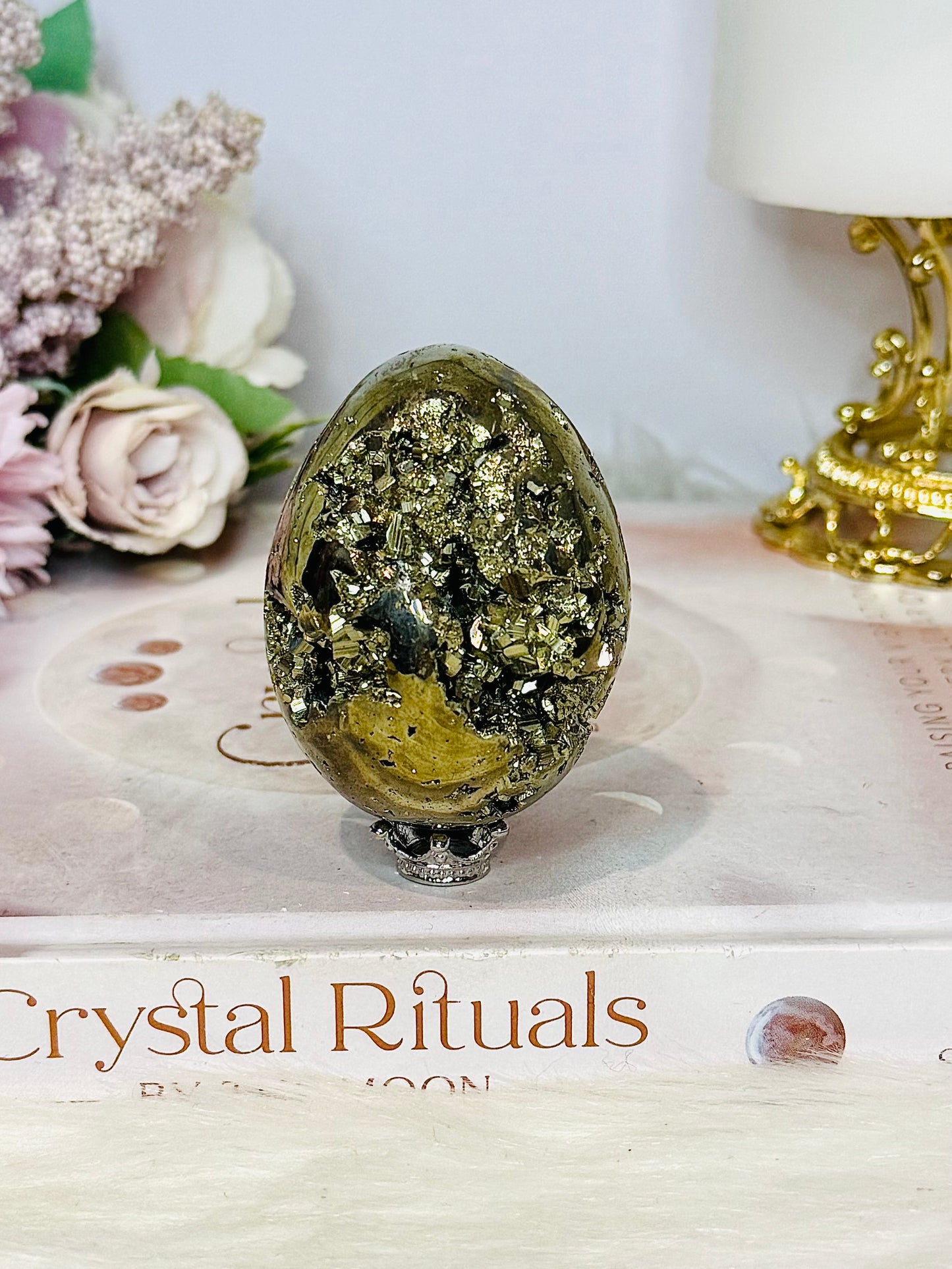 Natural Pyrite Druzy Egg on Stand 6cm 210g