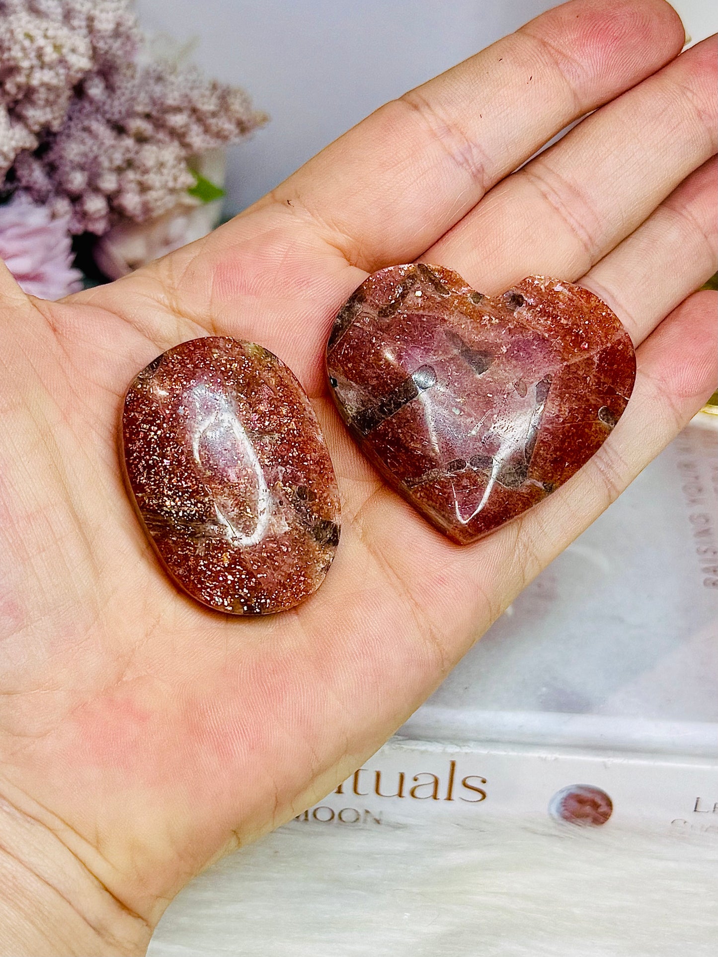 High Grade Golden Sunstone Carved Heart & Palmstone Set