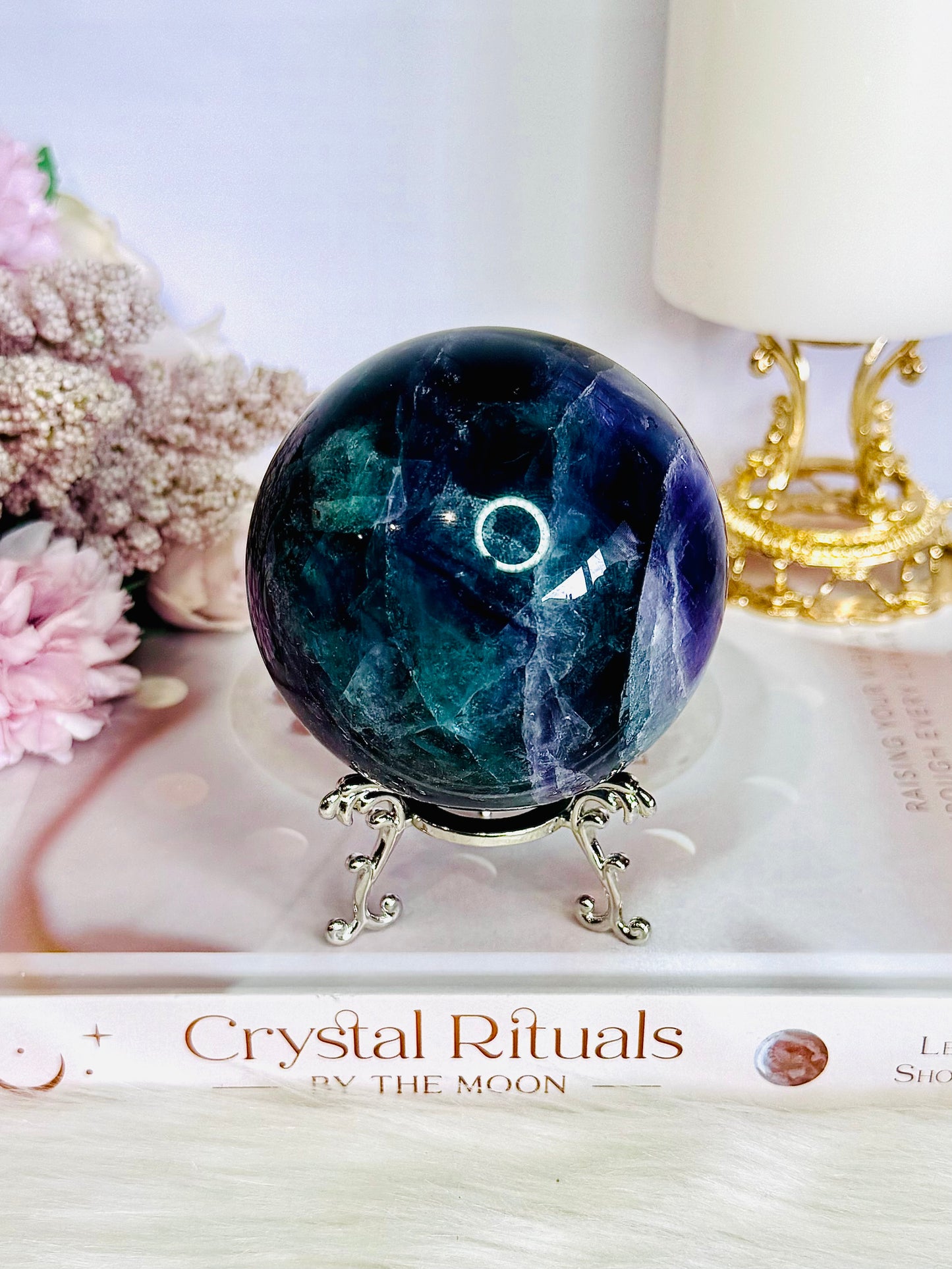 Incredibly Stunning Large 598gram Rainbow Fluorite Sphere On Stand with Amazing Rainbows