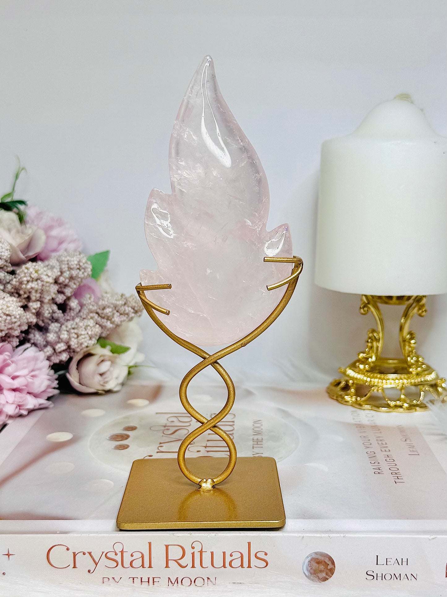 Rose Quartz Flame on Gold Stand 16cm