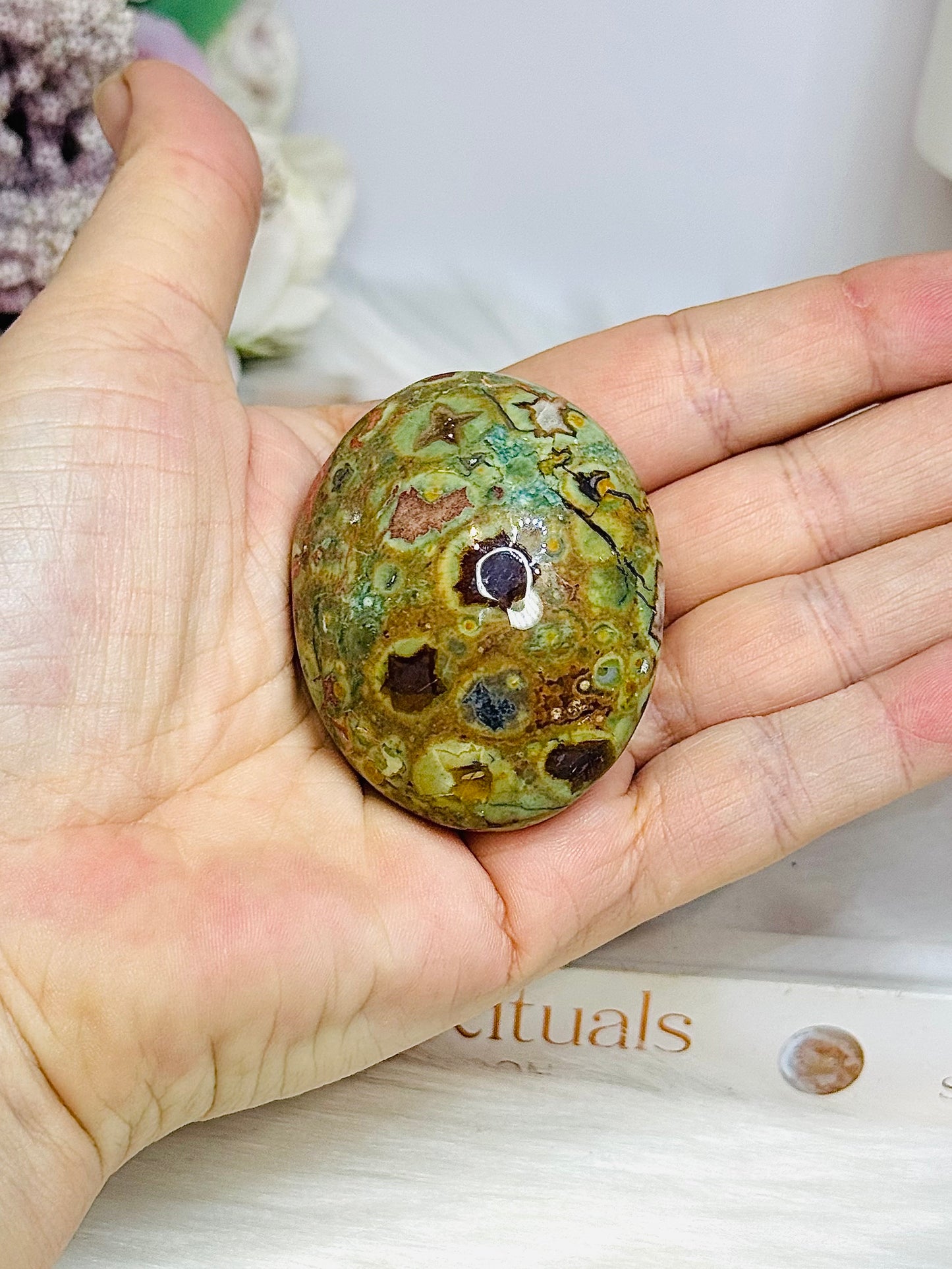 Rainforest Jasper Palm Stone (Stand is display only)