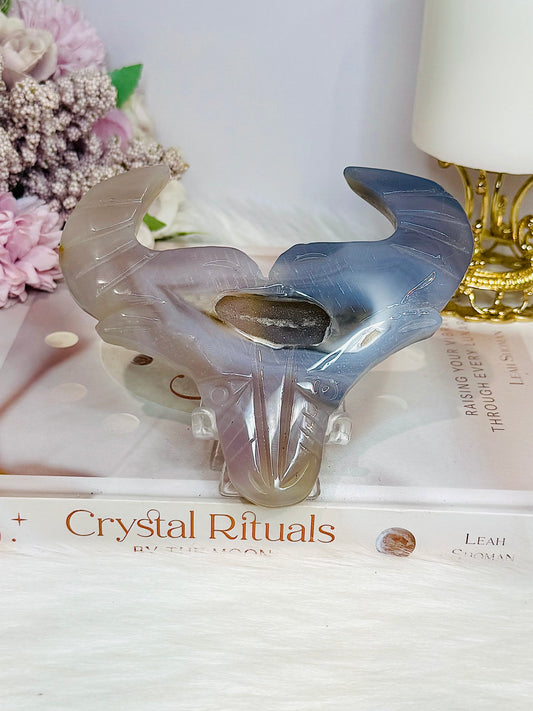 Druzy Agate Carved Bull Head On Stand 12cm