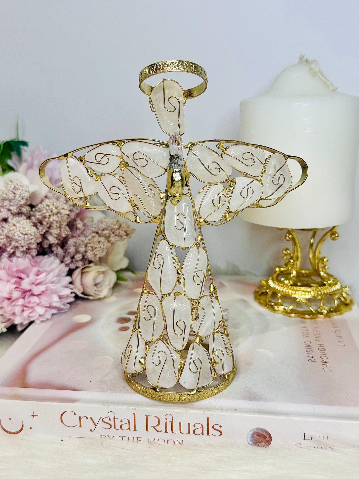 Large 16cm Rose Quartz Gold Angel with Vera Cruz