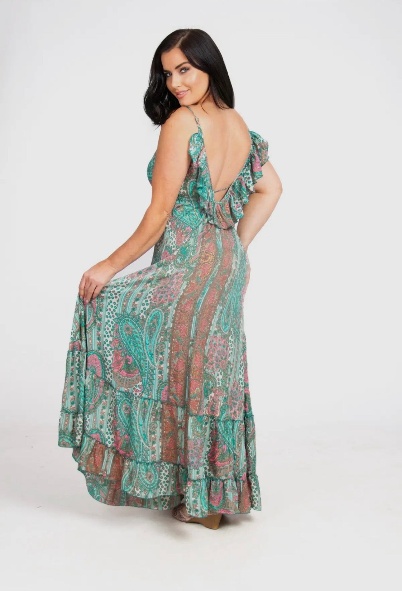 Long Boho Silk Strappy Dress with Frill One Size