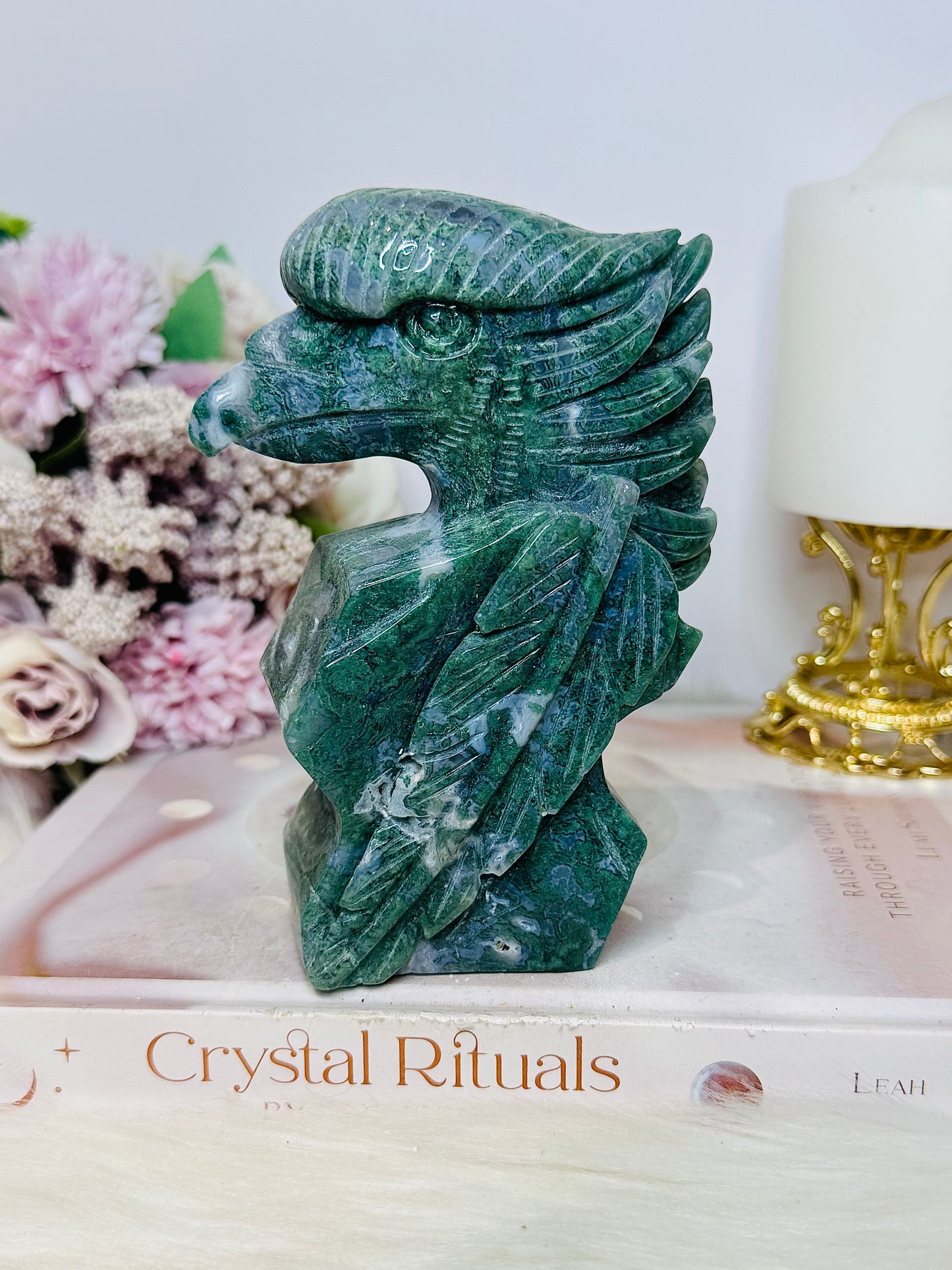 Large Perfectly Carved Moss Agate Eagle 633g 13cm