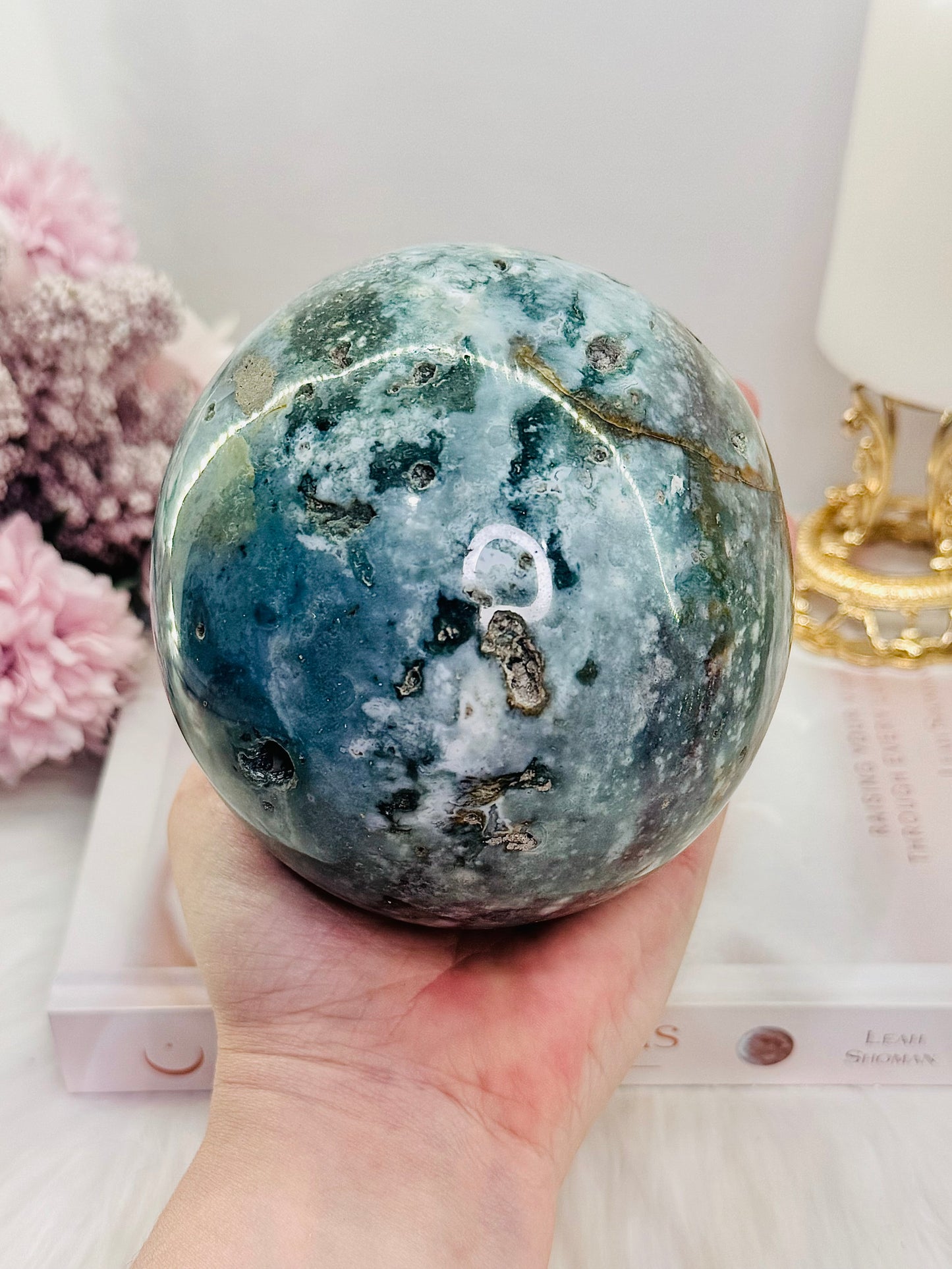 Divine Huge 1.43KG Natural Ocean Jasper Druzy Sphere On Stand