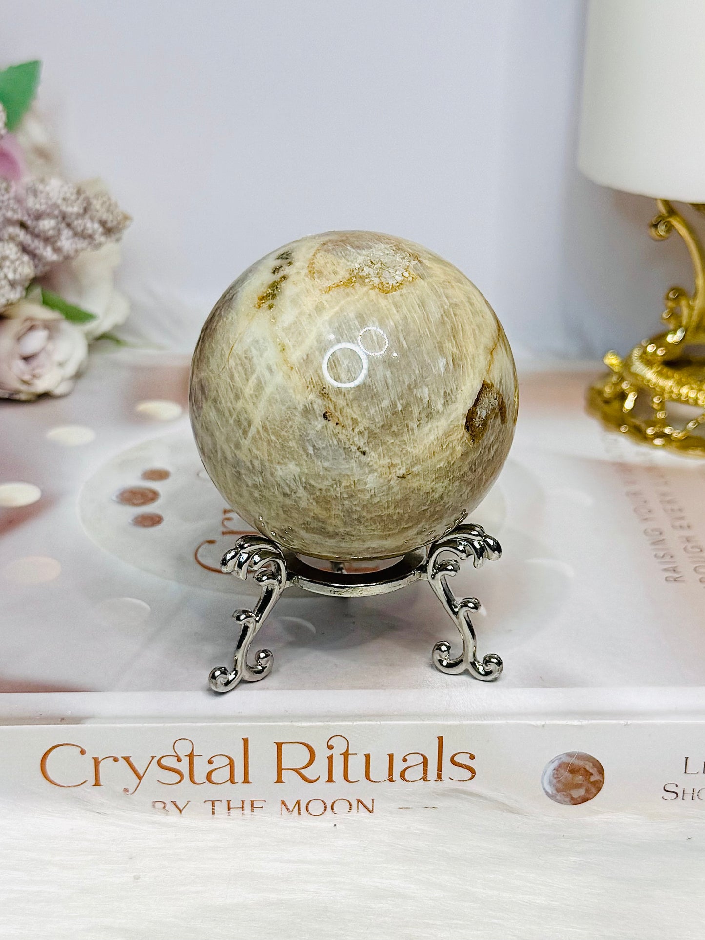 Moonstone Sphere with Blue Flash On Stand 274g
