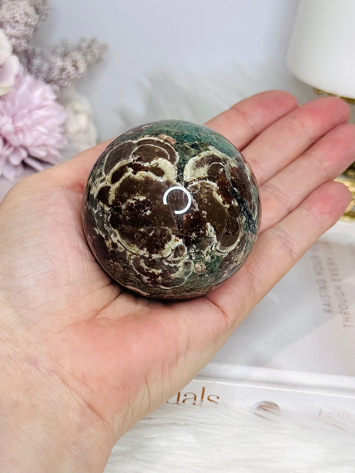 Green Sakura Agate Sphere On Stand 264g