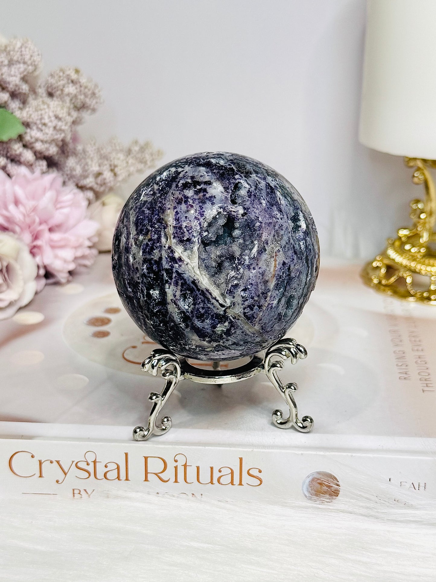 Natural Purple Fluorite X Sphalerite Druzy Sphere on Stand 306g
