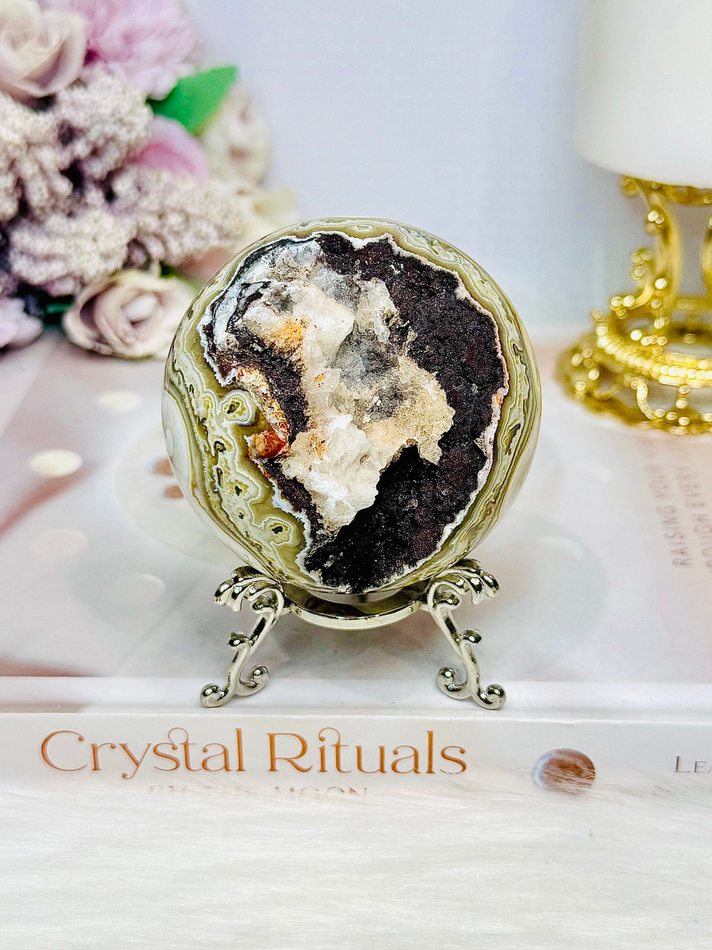 Mexican Lace Agate Druzy Sphere on Stand 331g