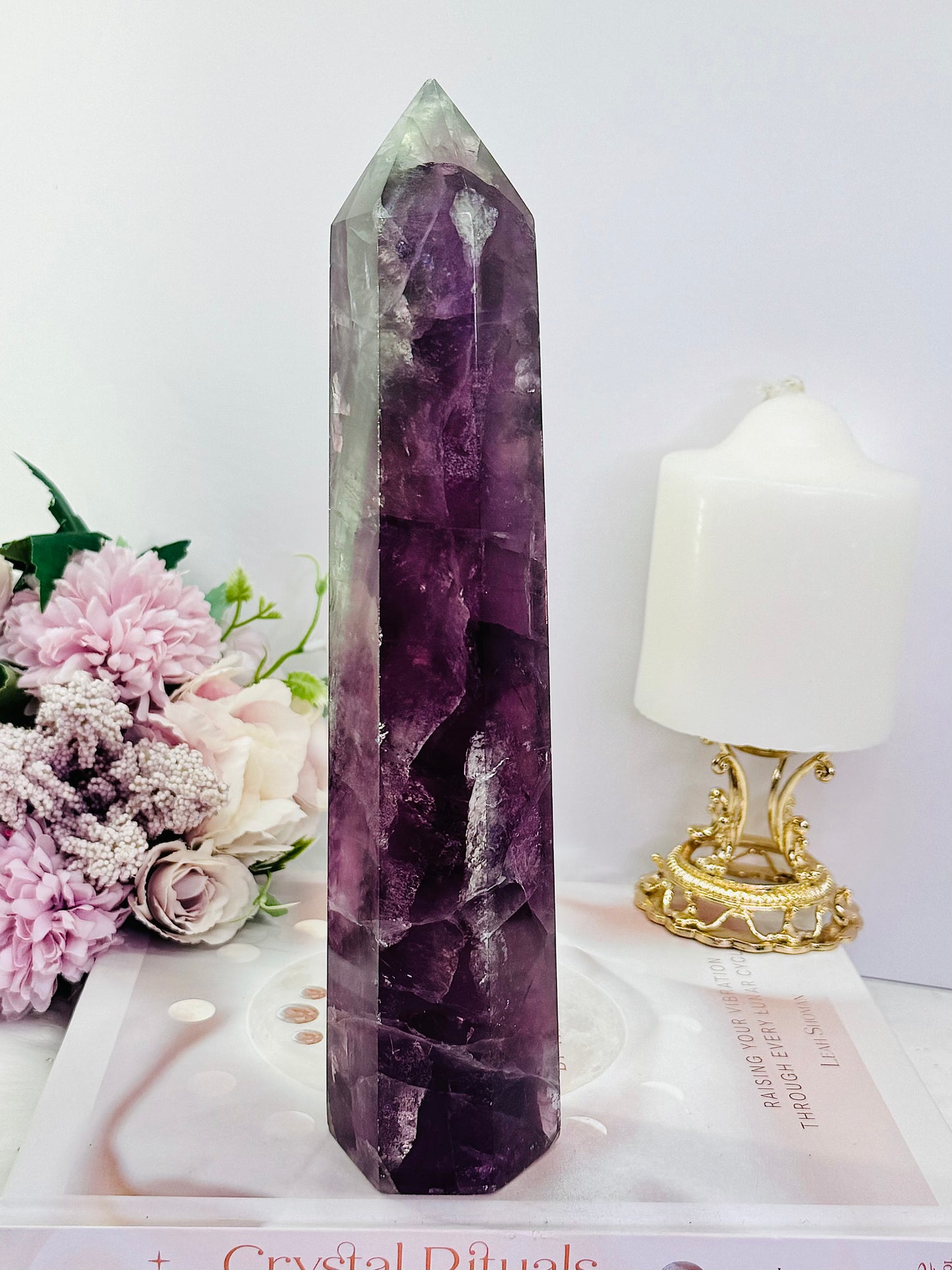 Fabulous Tall 23.5cm 968gram Purple Fluorite Tower with Rainbows