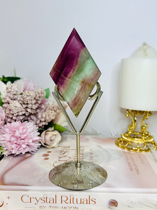 Rainbow Fluorite Diamond | Rhombus On Silver Stand 16.5cm
