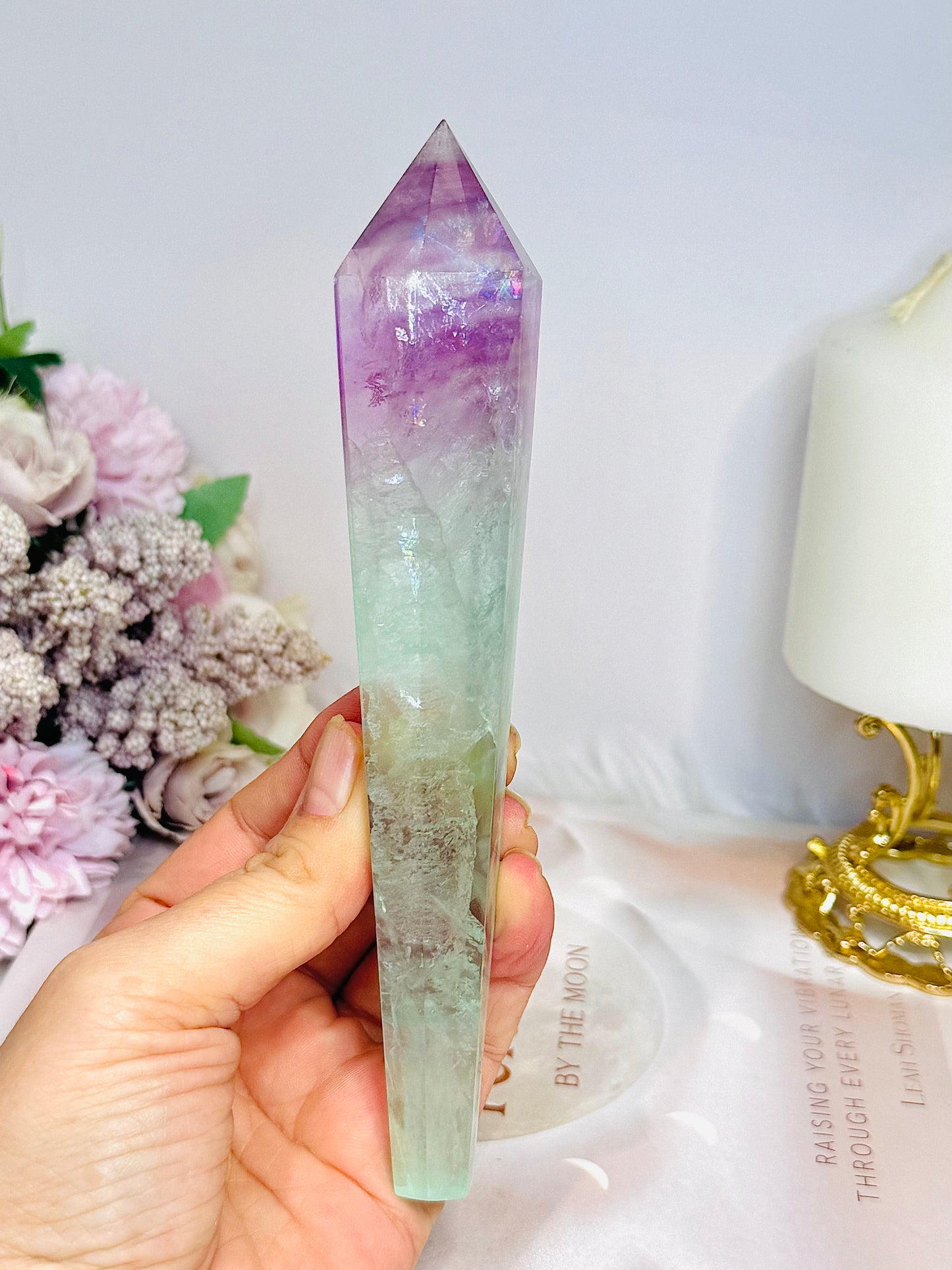 Watermelon Fluorite Wand | Tower with Rainbows  17.5cm