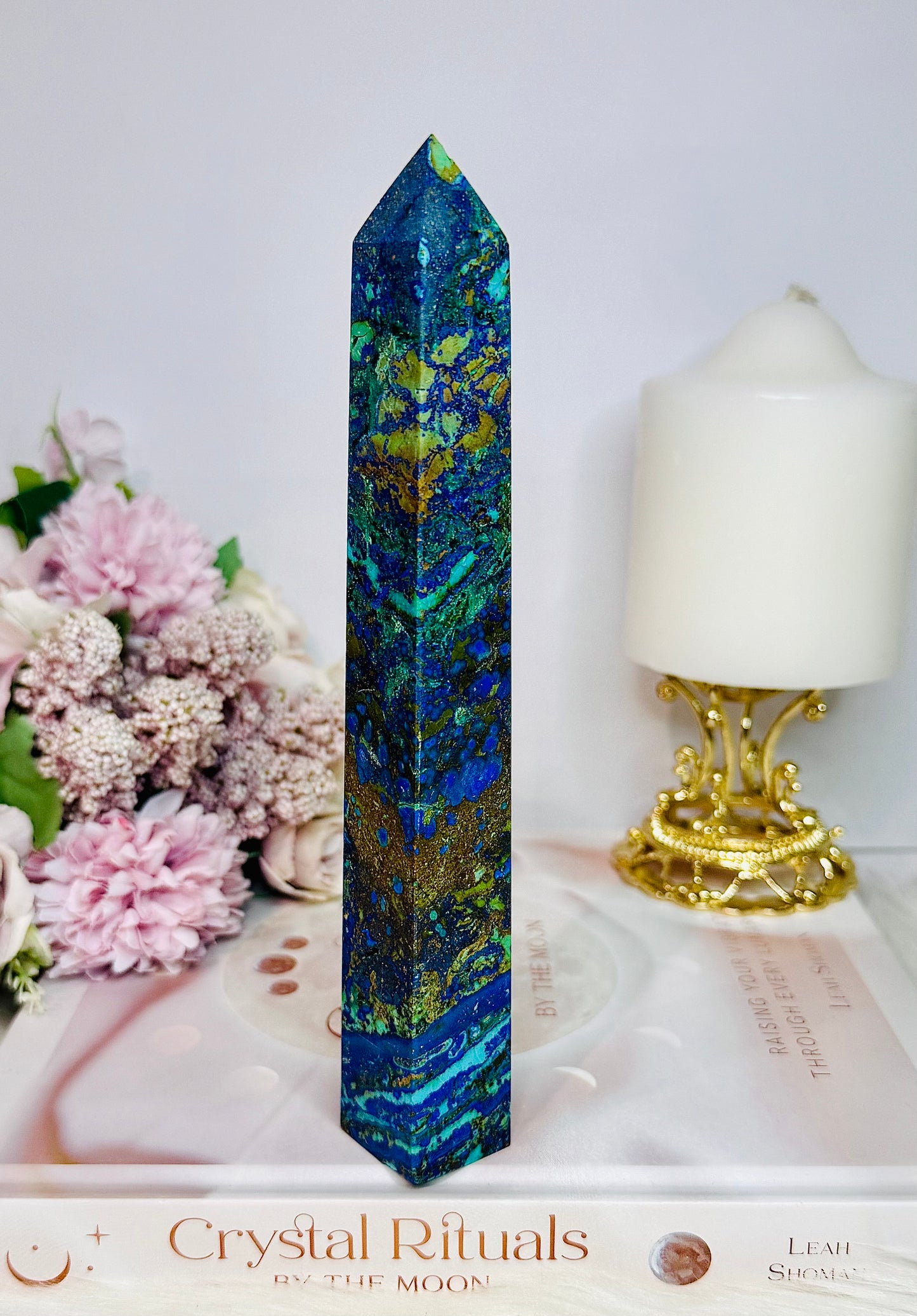 Incredible Tall Natural Azurite with Malachite Carved Tower | Generator 18.5cm