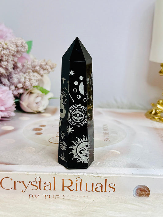 Black Obsidian Tower with Silver Engraving 9cm