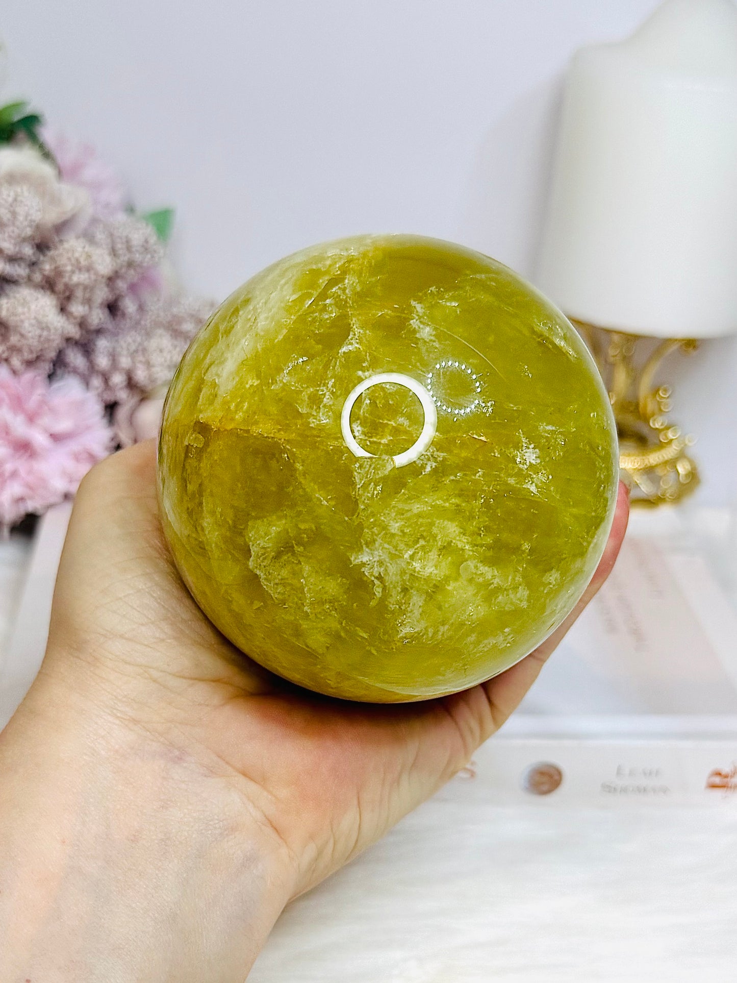 Large Citrine Sphere With Rainbows (heat treated) On Stand 870g