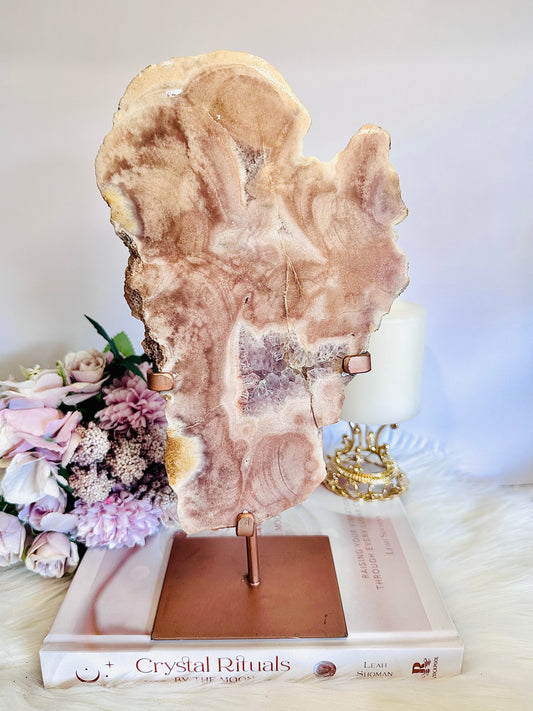 Classy & Fabulous Large Natural 28cm (inc stand) Pink Amethyst Druzy Slab On Rose Gold Stand From Brazil