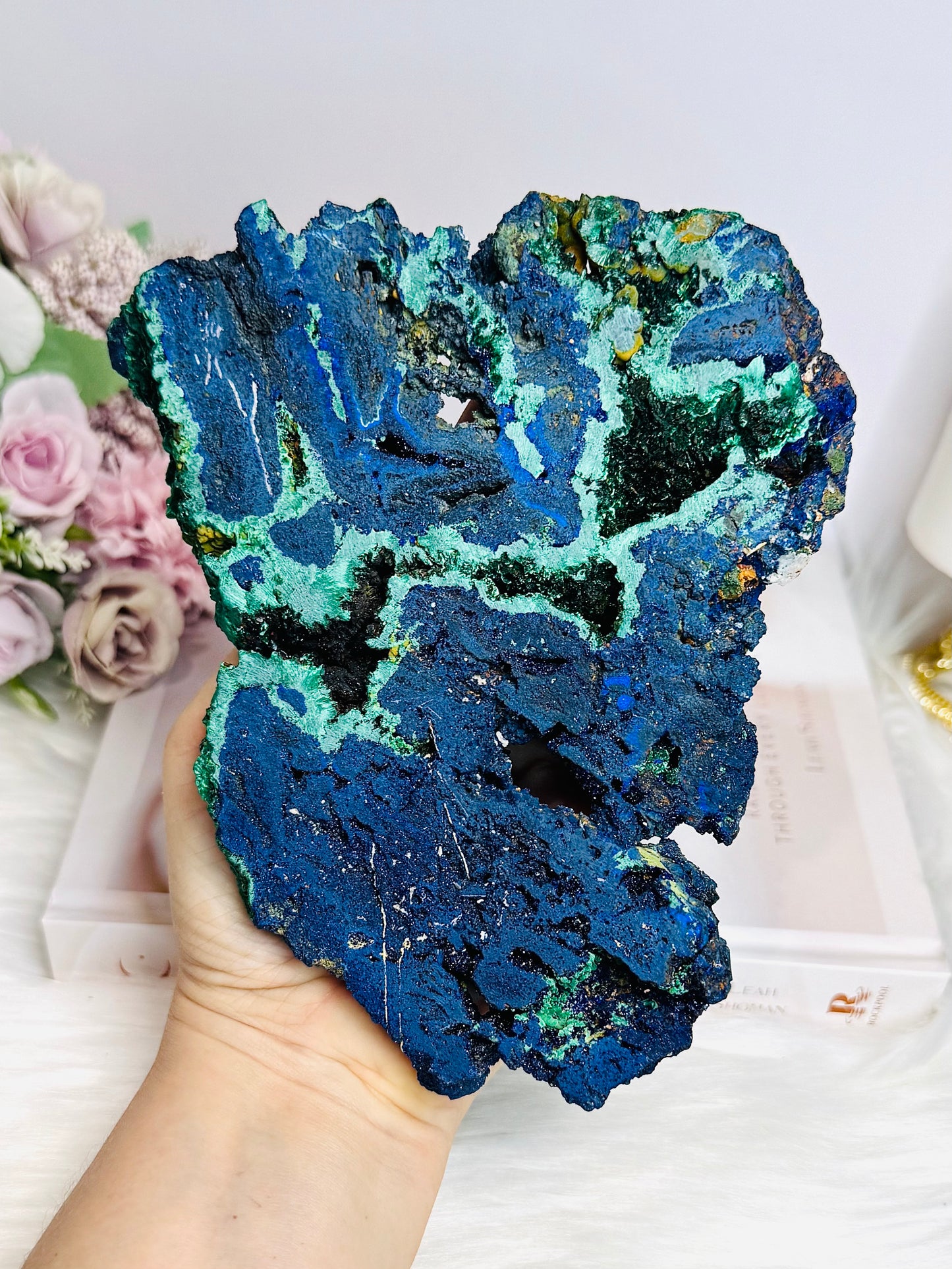 High Grade Azurite Slab with Malachite Inclusions on Stand 16cm 508g