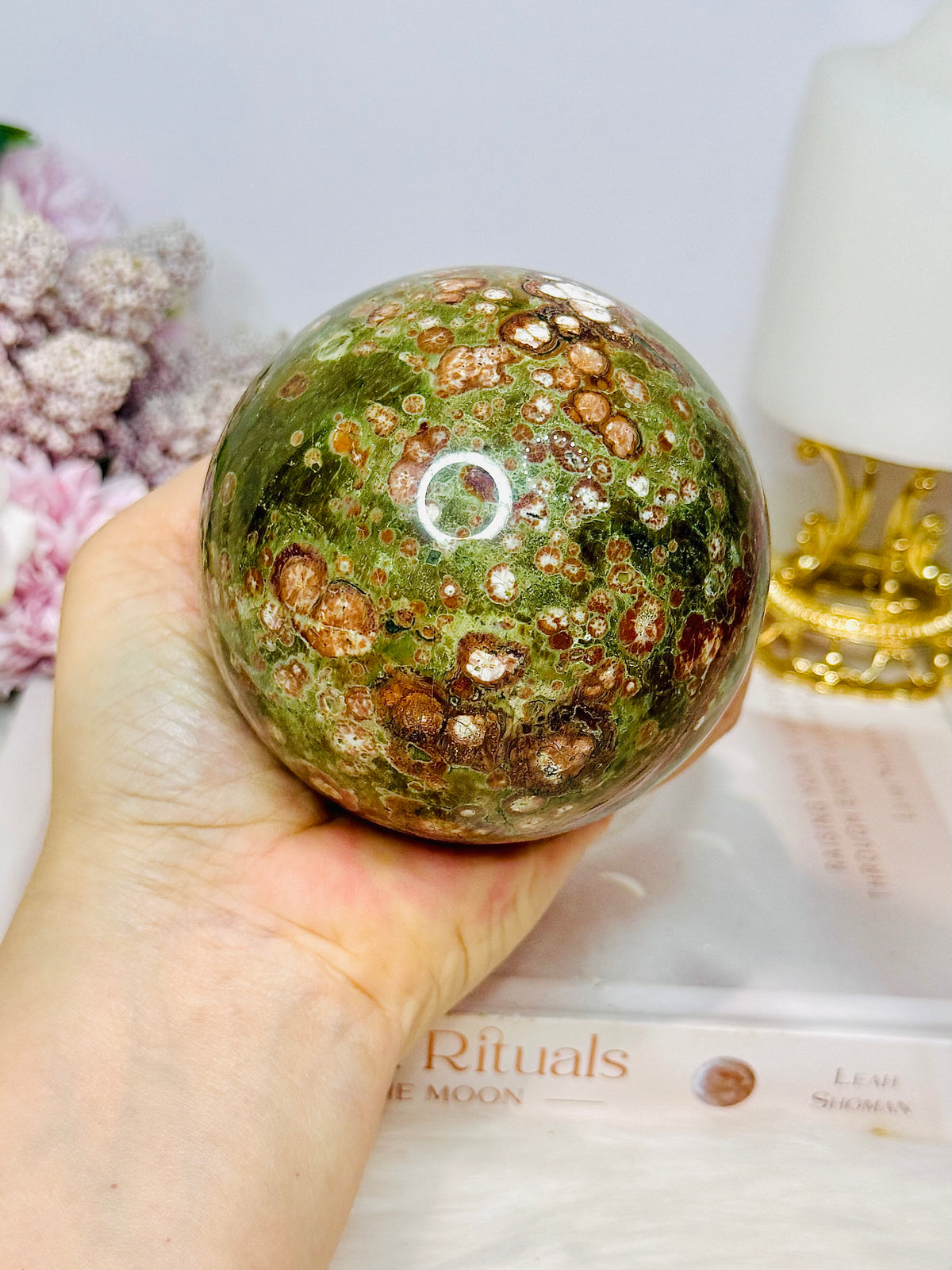 Large Green Cherry Jasper Sphere on Stand 825g