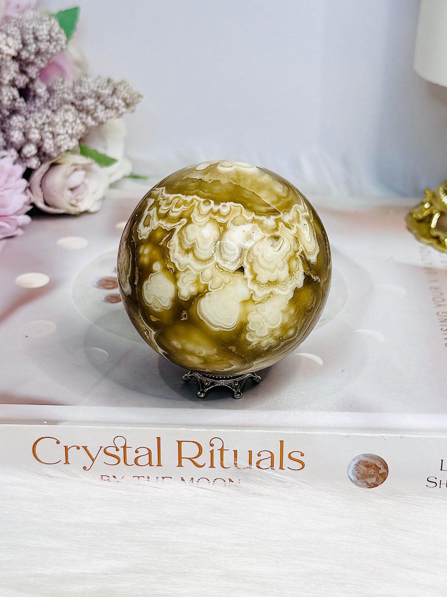 Large Amber Calcite Sphere on Stand 327g