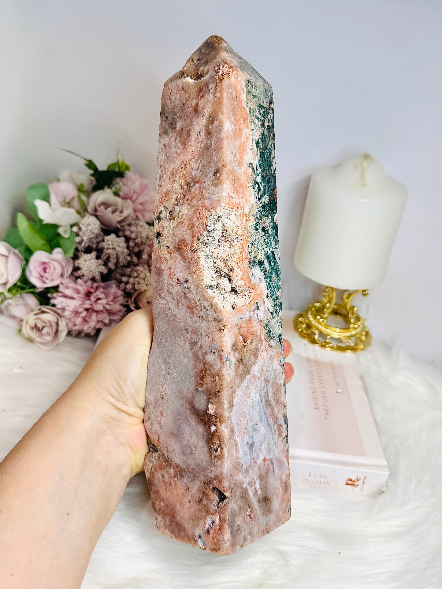 Huge Pink Amethyst Druzy Chunky Tower with Green Jasper Inclusions 27cm 1.7KG