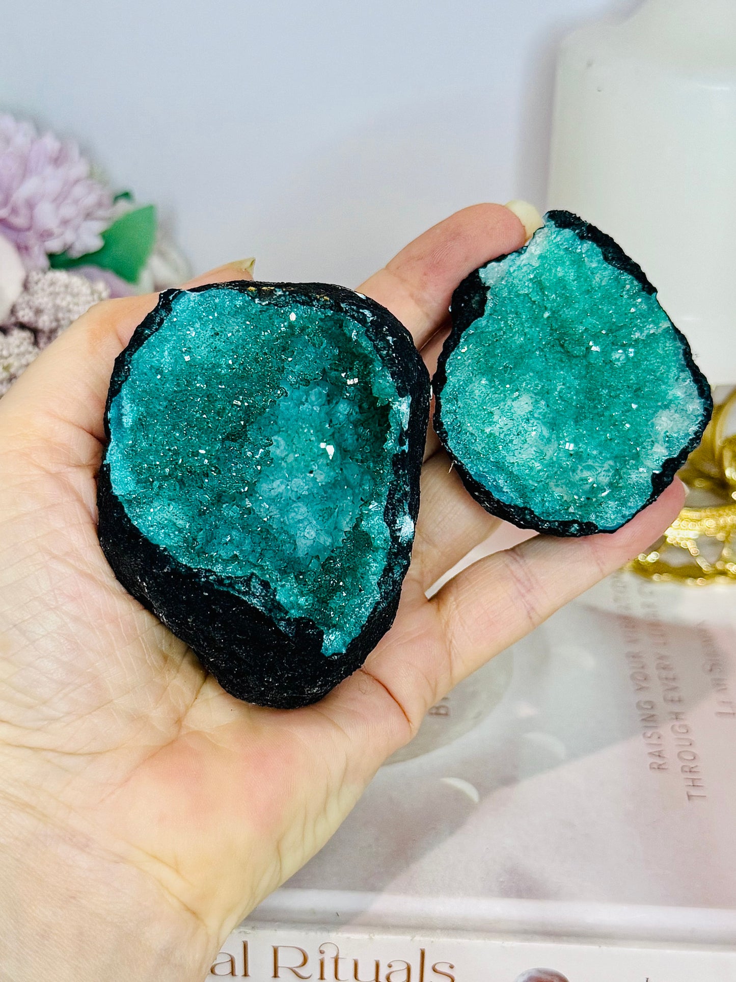 Large Emerald Green (dyed) Moroccan Geode Quartz Set 238g