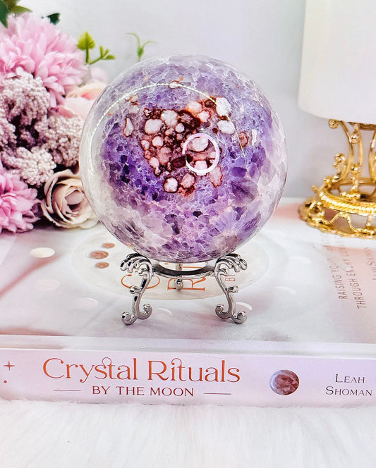 CLASSY!!! FABULOUS!!! MAGICAL!!!
Incredible High Grade Deep Purple Amethyst X Flower Agate Hybrid Sphere 772grams On Silver Stand