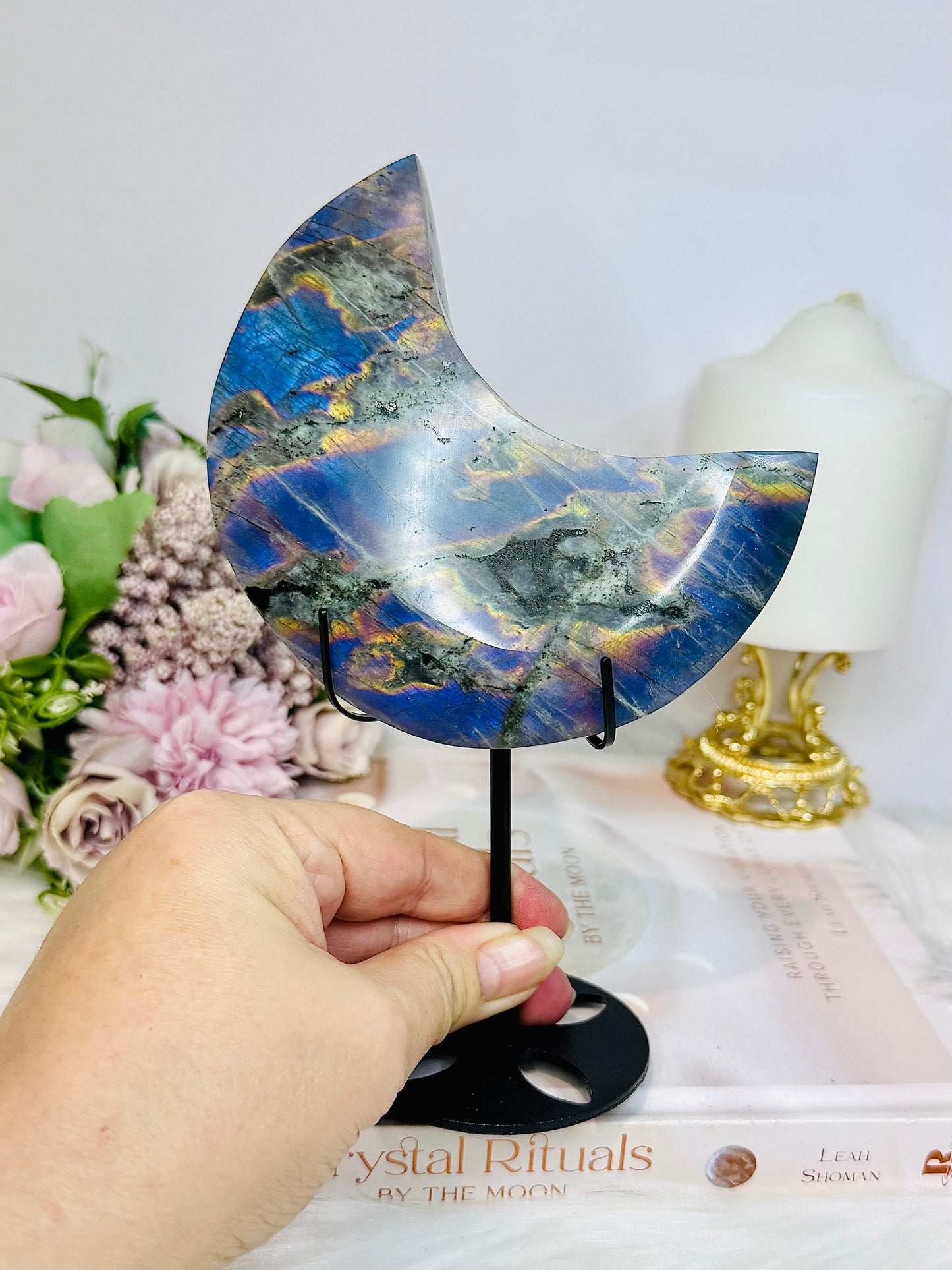 High Grade Large Labradorite Carved Moon Full of Flash 19.5cm