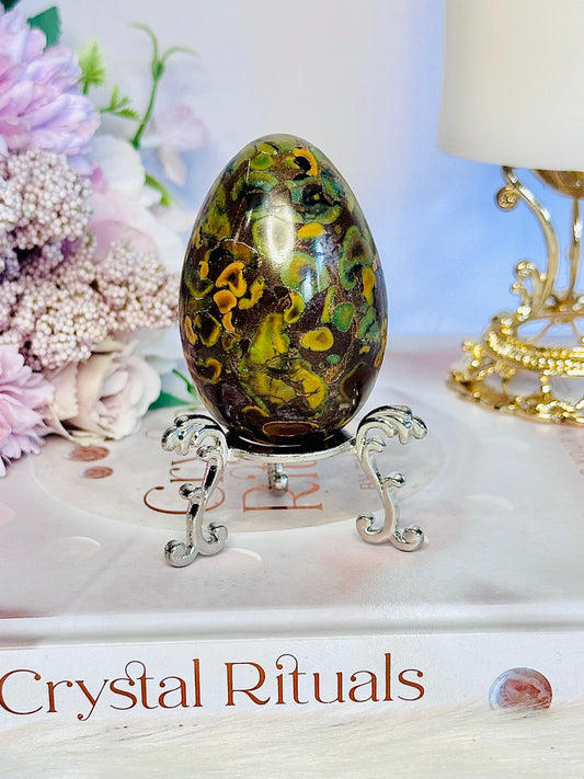 Unique & Stunning 8cm On Stand Green & Yellow Fruit Jasper Carved Egg