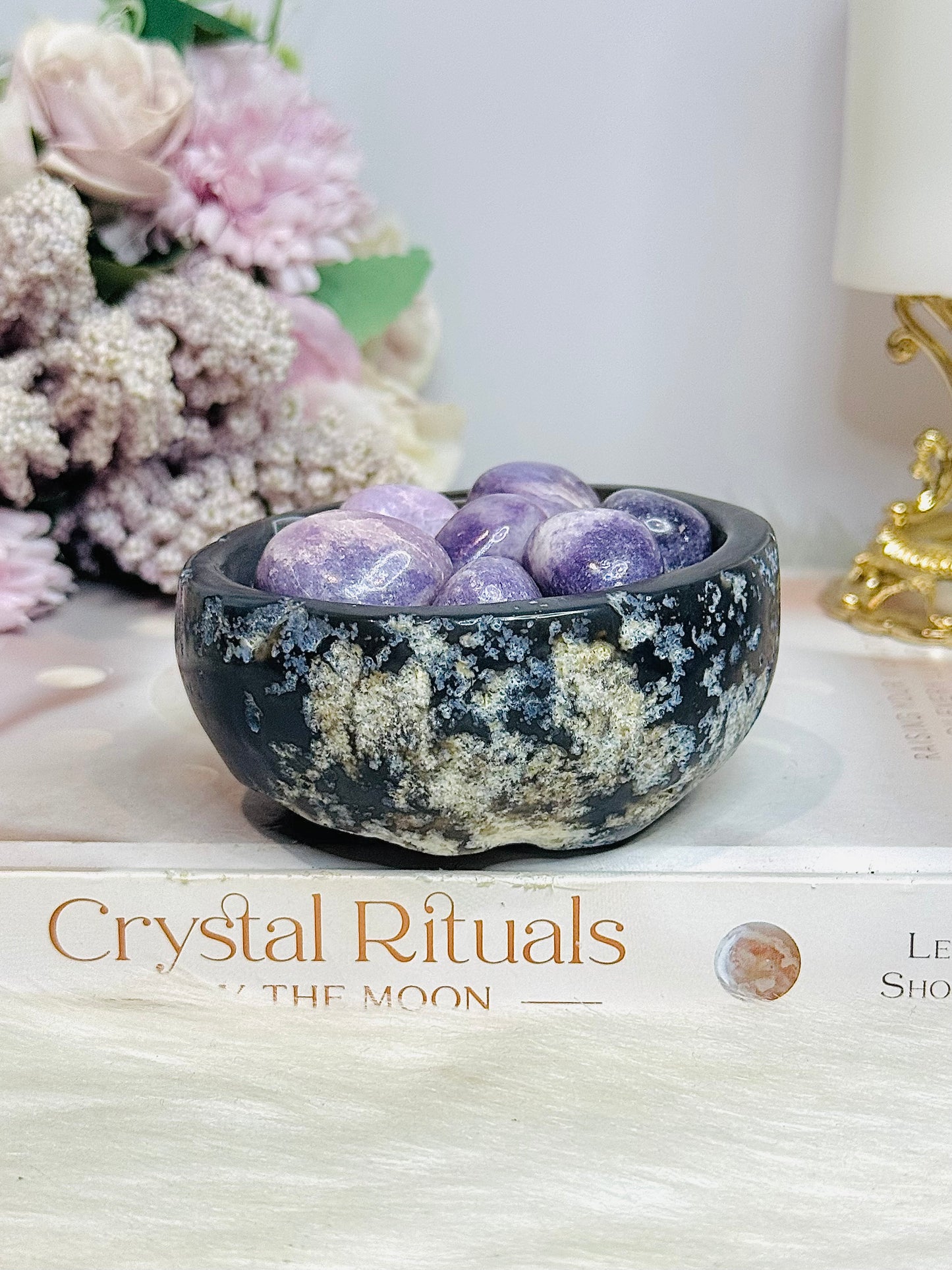 Natural Agate Carved Bowl Filled with Lepidolite Tumbles 426g