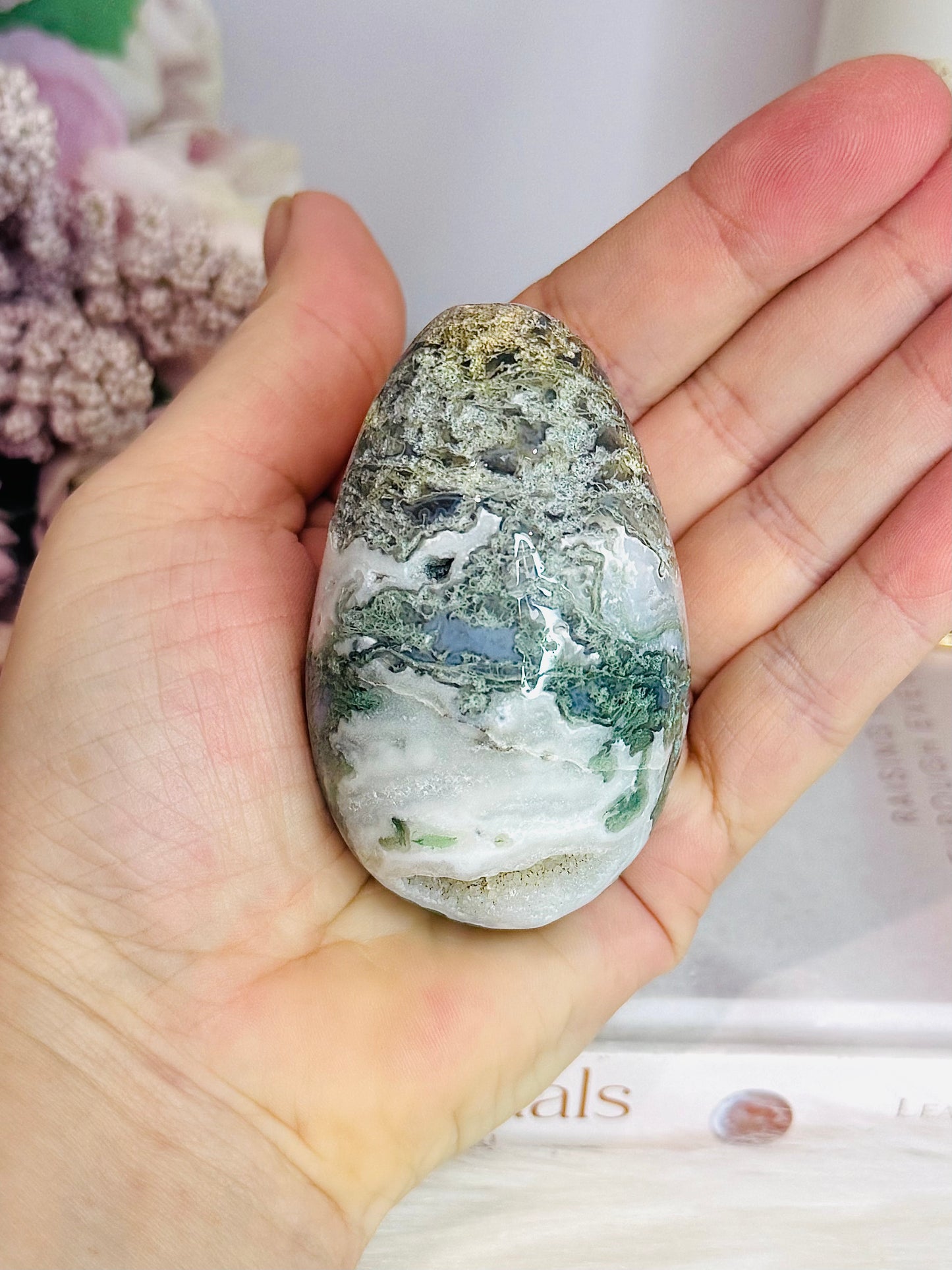 Moss Agate Druzy Egg On Stand 160g