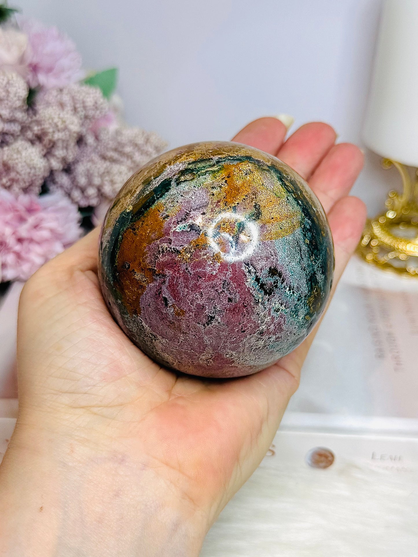 Large Ocean Jasper Sphere On Stand 516g
