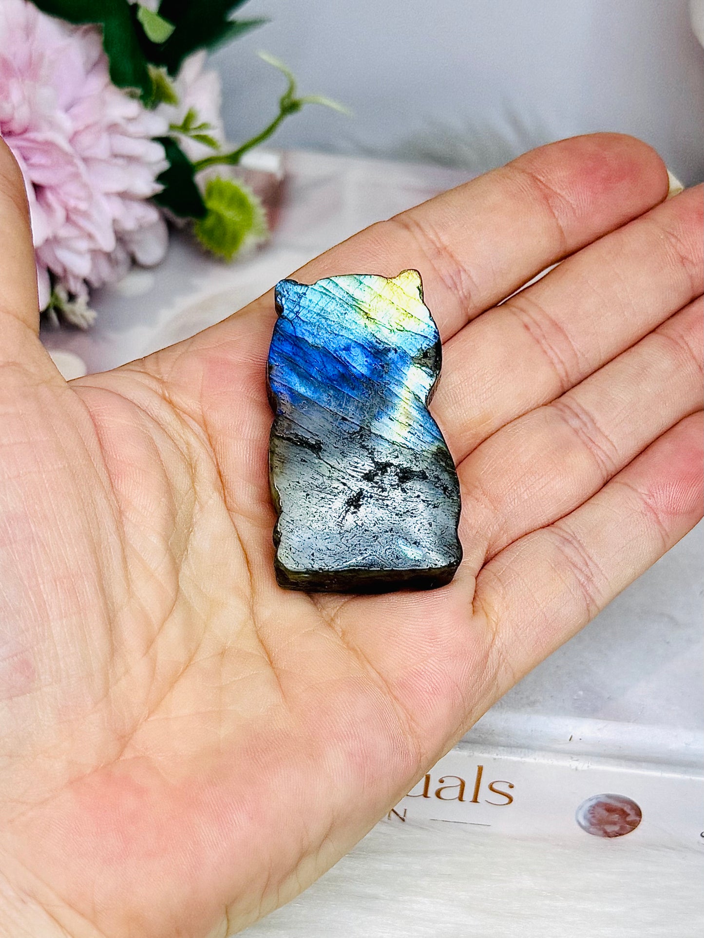 Labradorite Carved Owl Full of Flash 5cm