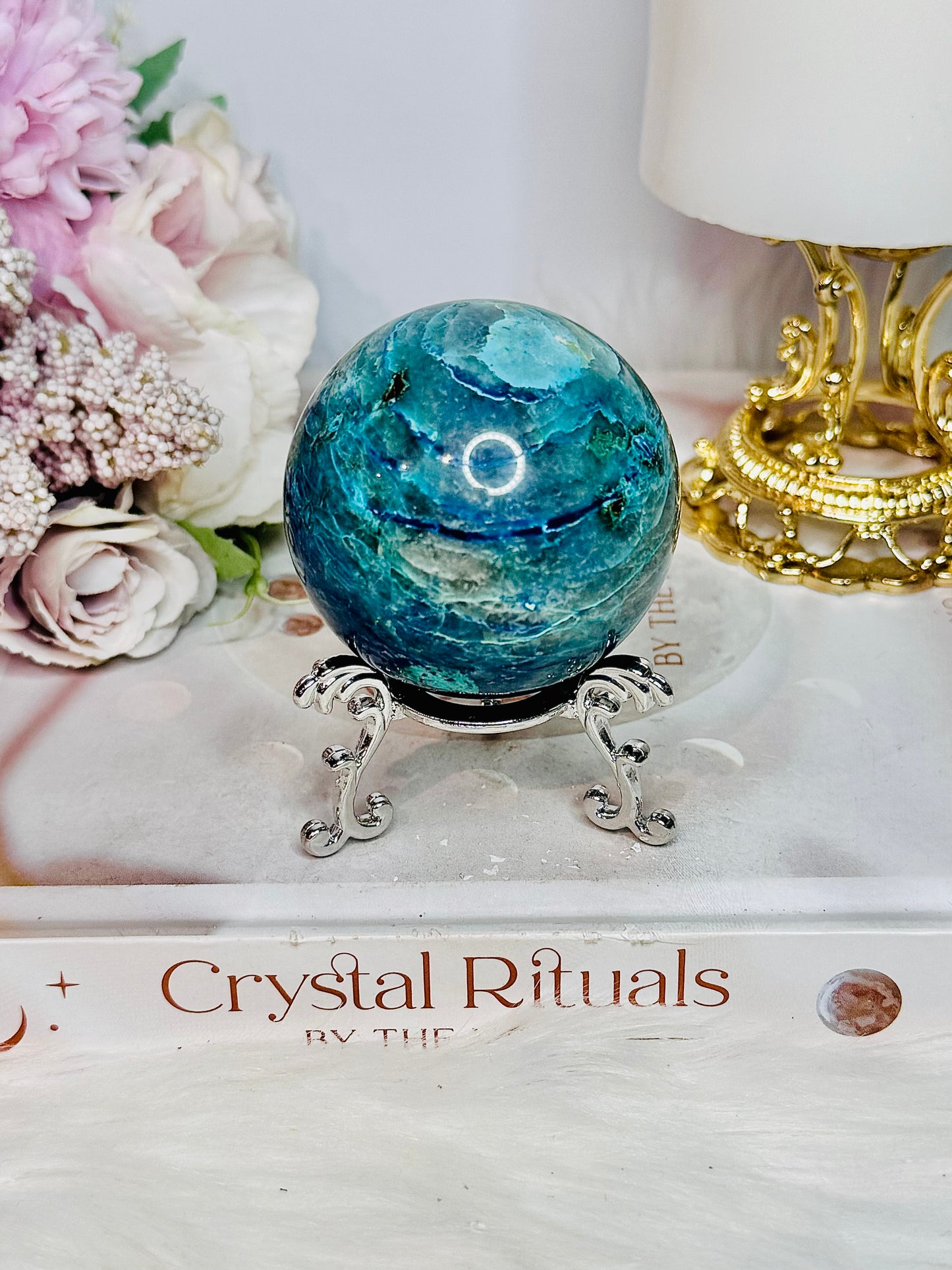 Stunning Natural High Grade Chrysocolla Carved Sphere on Stand 238grams