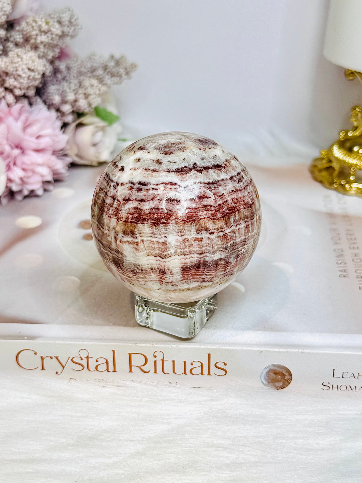 Pink Banded Calcite | Pork Stone Sphere On Stand 307g