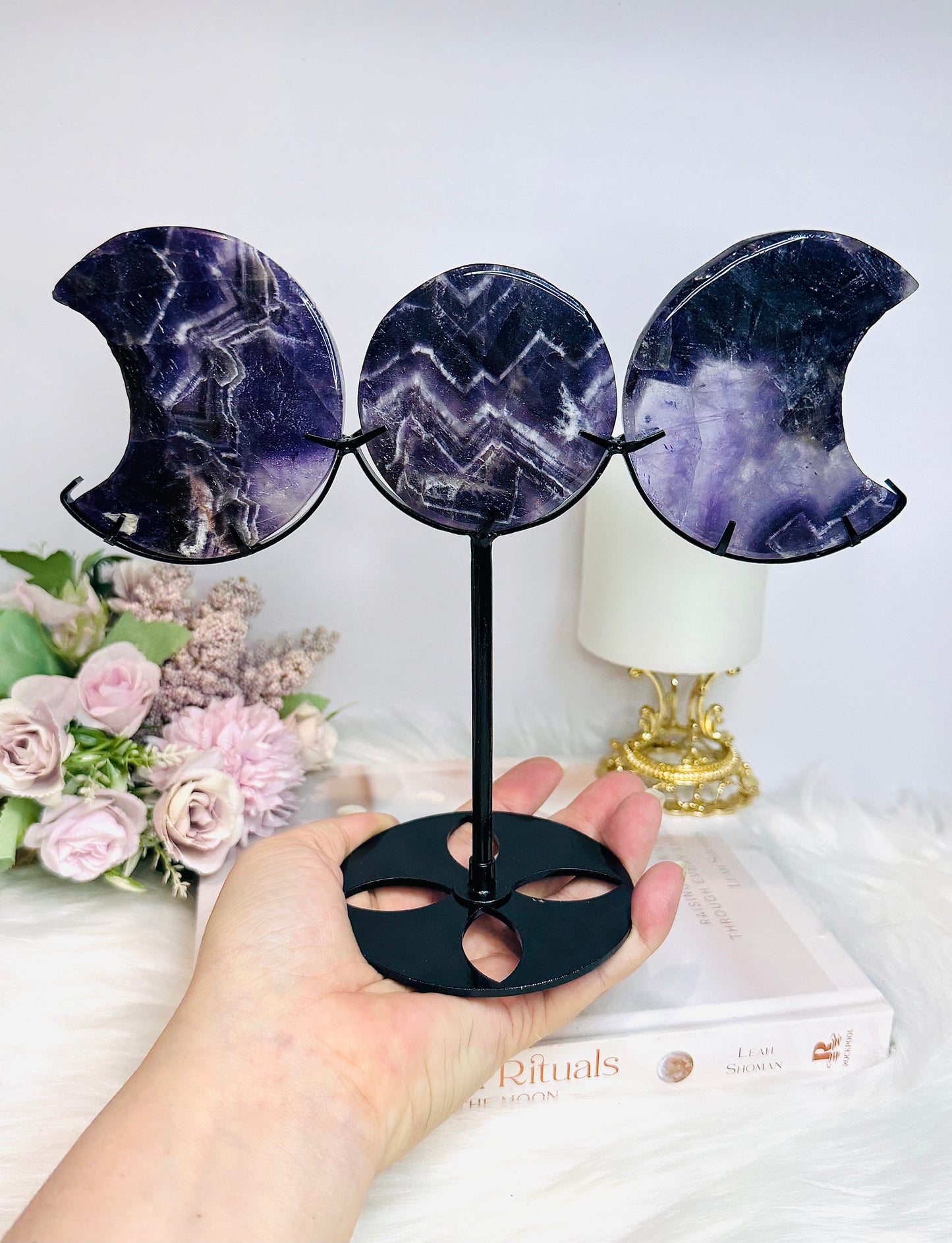 Large Chevron Amethyst Triple Moon On Stand H20cm x W21cm