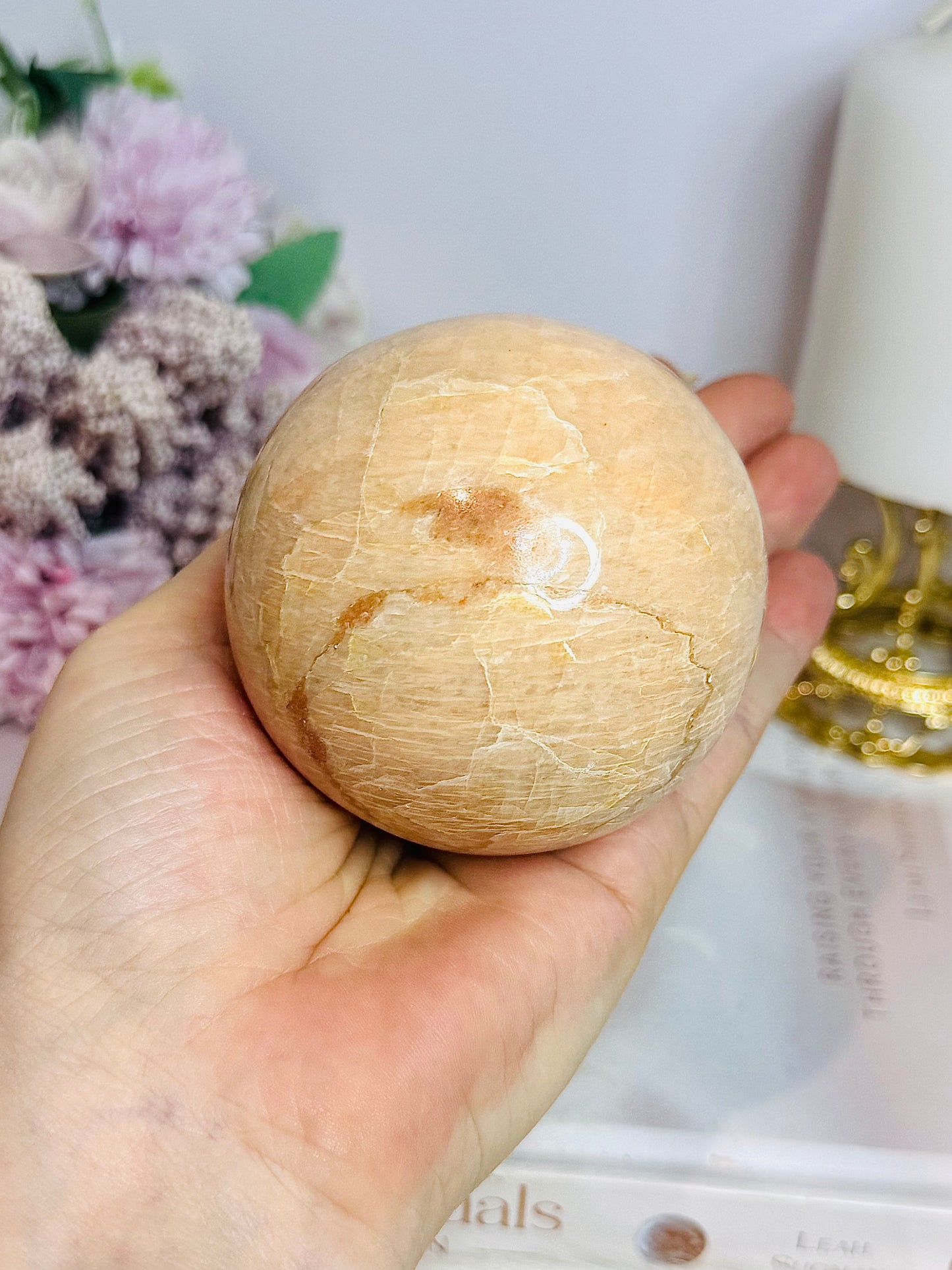 Large Peach Moonstone Sphere on Stand 456g