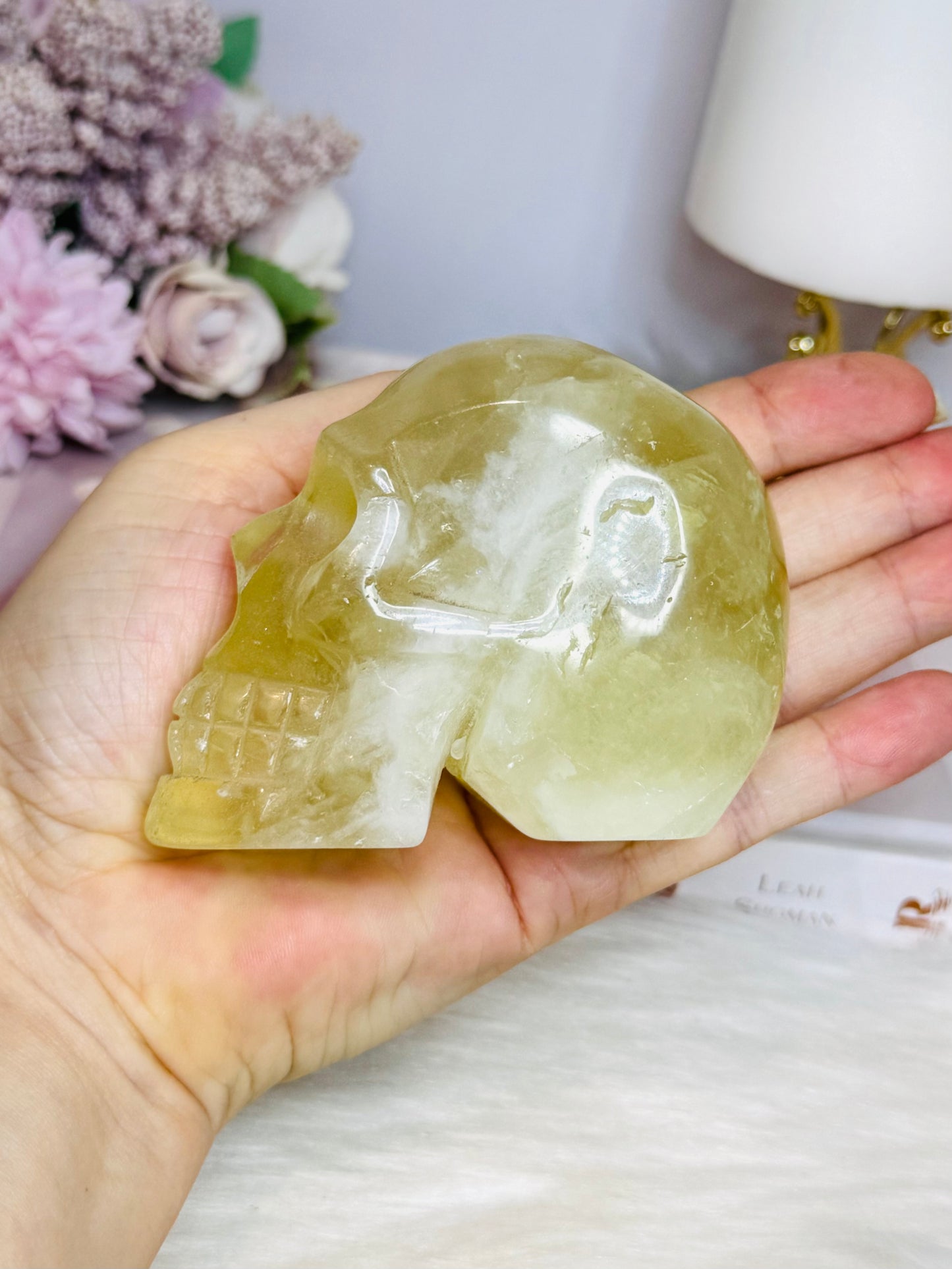 Citrine with Rainbows Carved Skull 397g 8cm