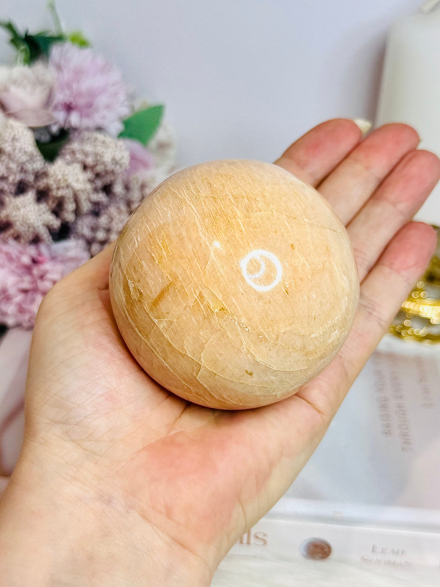 Large Peach Moonstone Sphere on Stand 456g