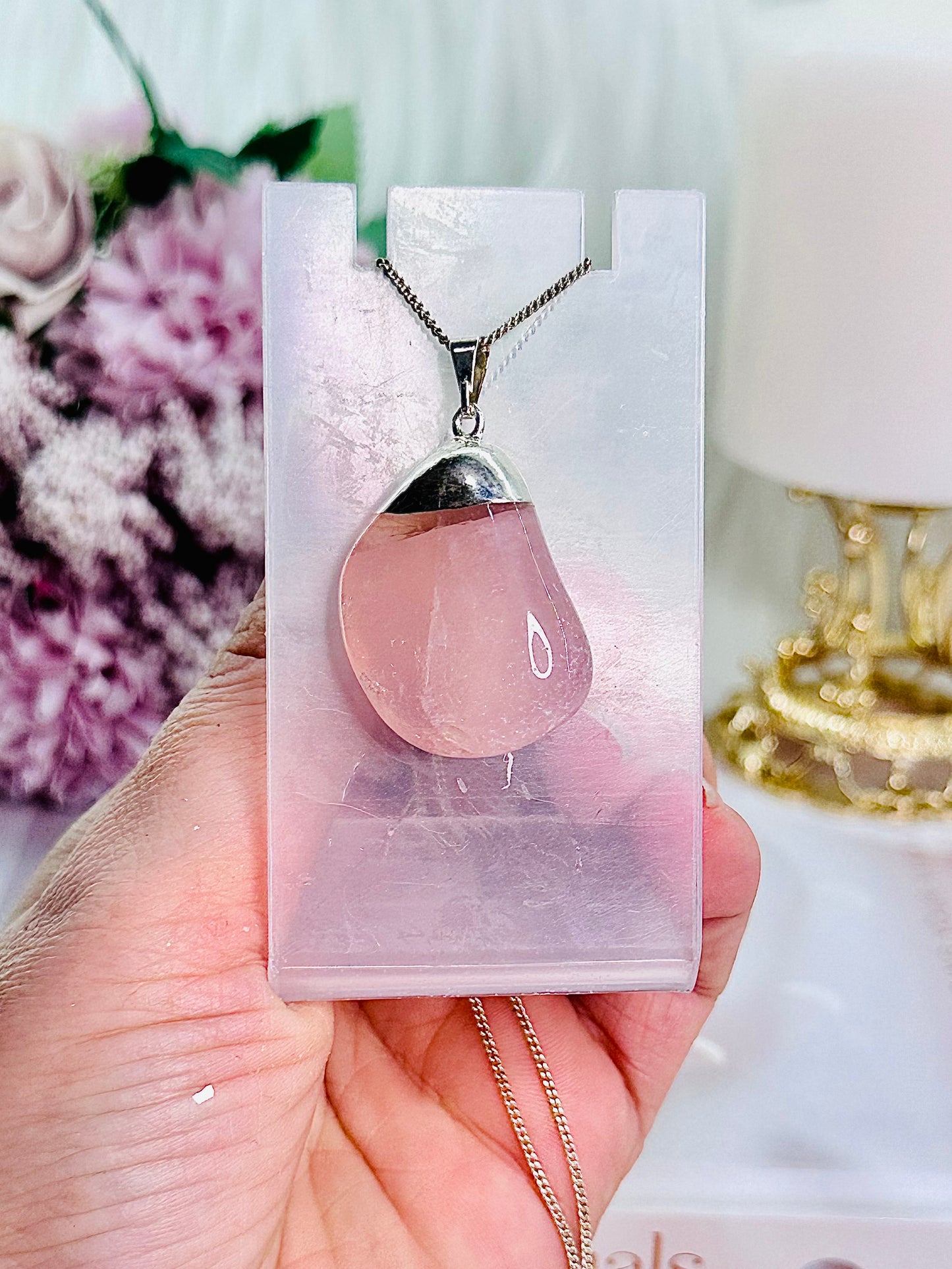 Stunning Silver Plated Chunky Rose Quartz Pendant In Gift Bag From Brazil