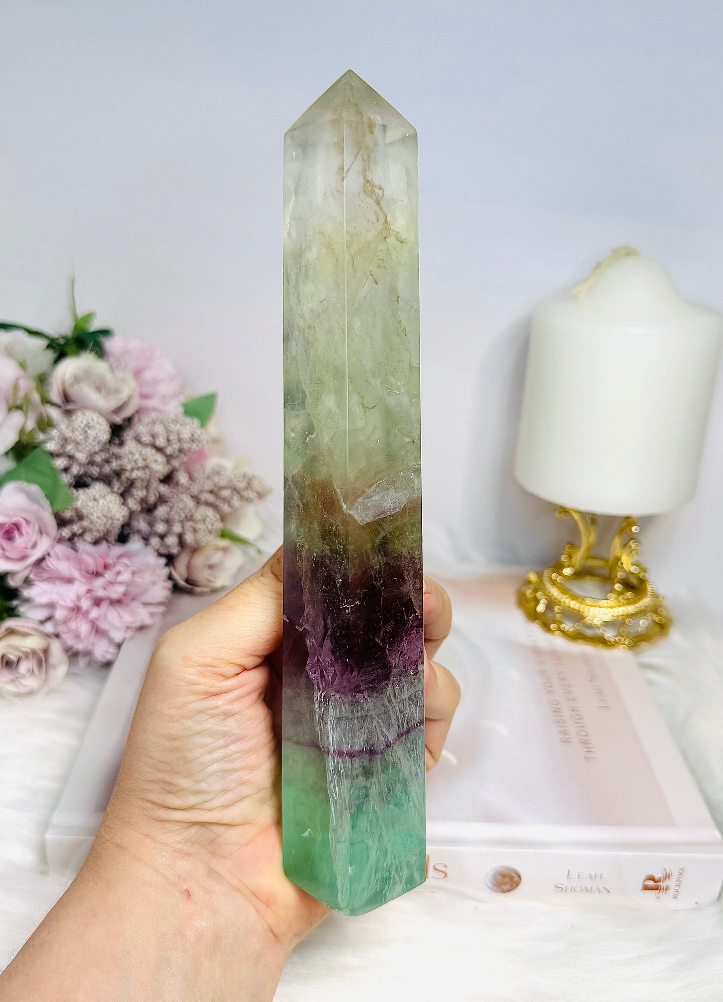 Tall Watermelon Fluorite Tower 21cm with Rainbows
