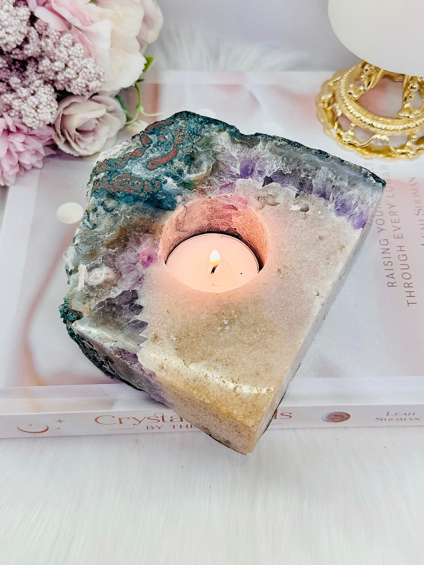 Large 908gram Chunky Pink Amethyst Candle Holder