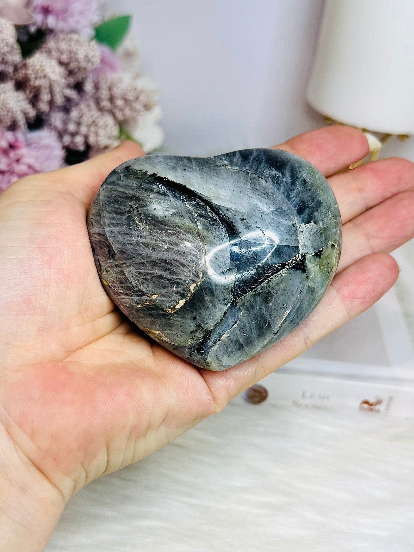 Labradorite Carved Heart with Flash 8cm