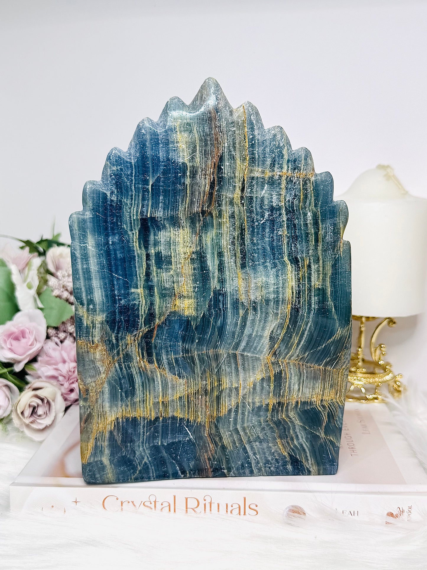 Large Natural Blue Onyx Carved Skull with Feather Headdress 19.5cm