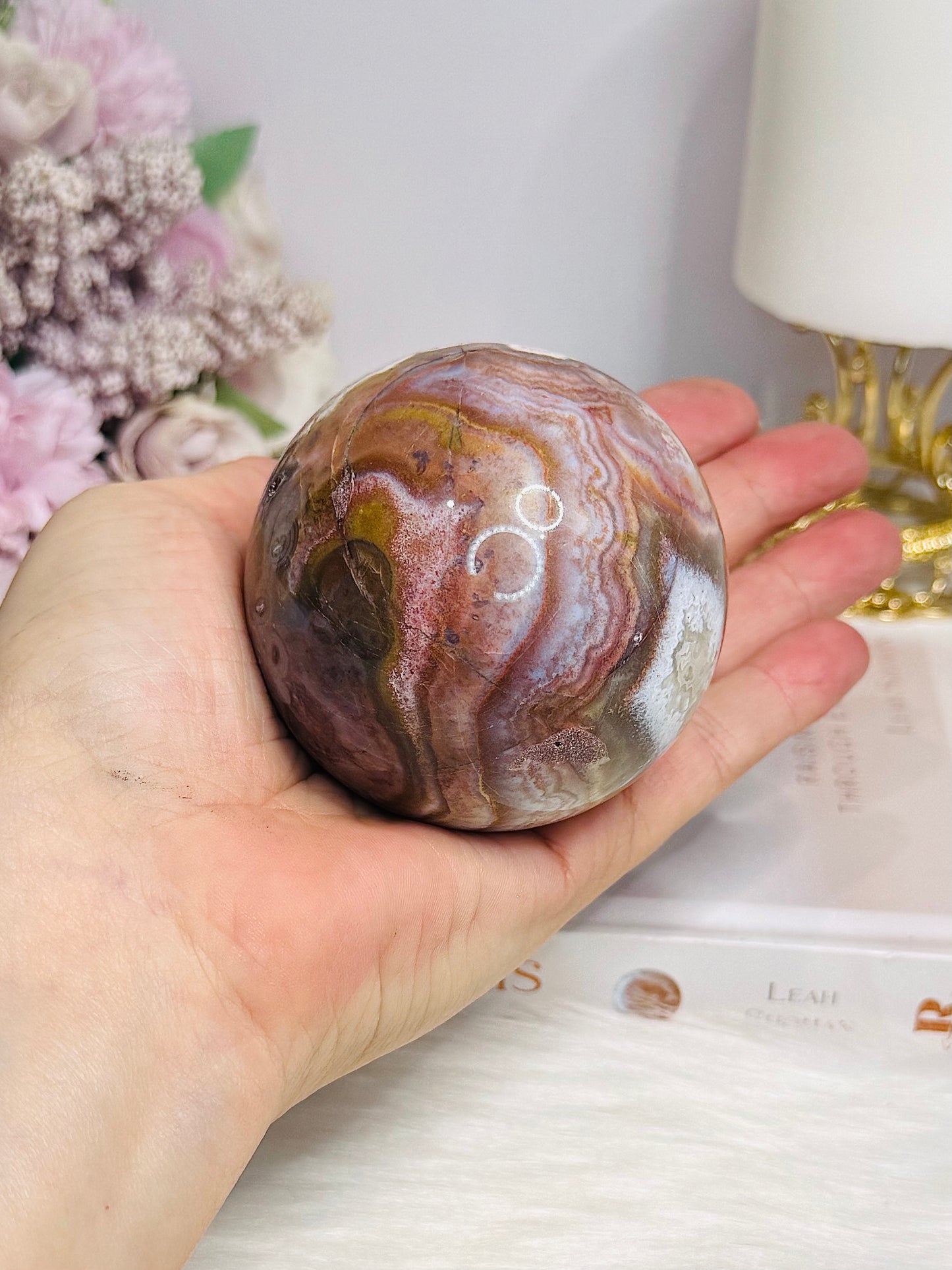 Large Mexican Crazy Lace Agate Druzy Sphere on Stand 376g