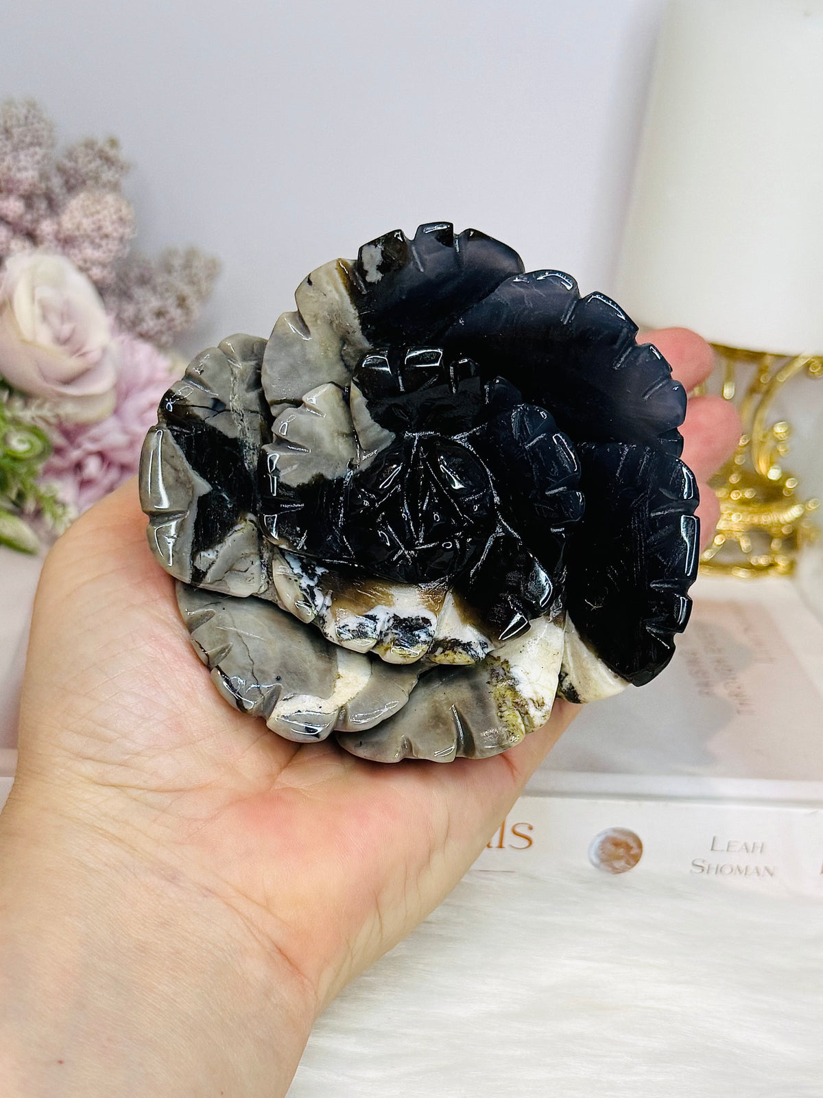 Large Volcano Agate (UV Reactive) Carved Flower 386g