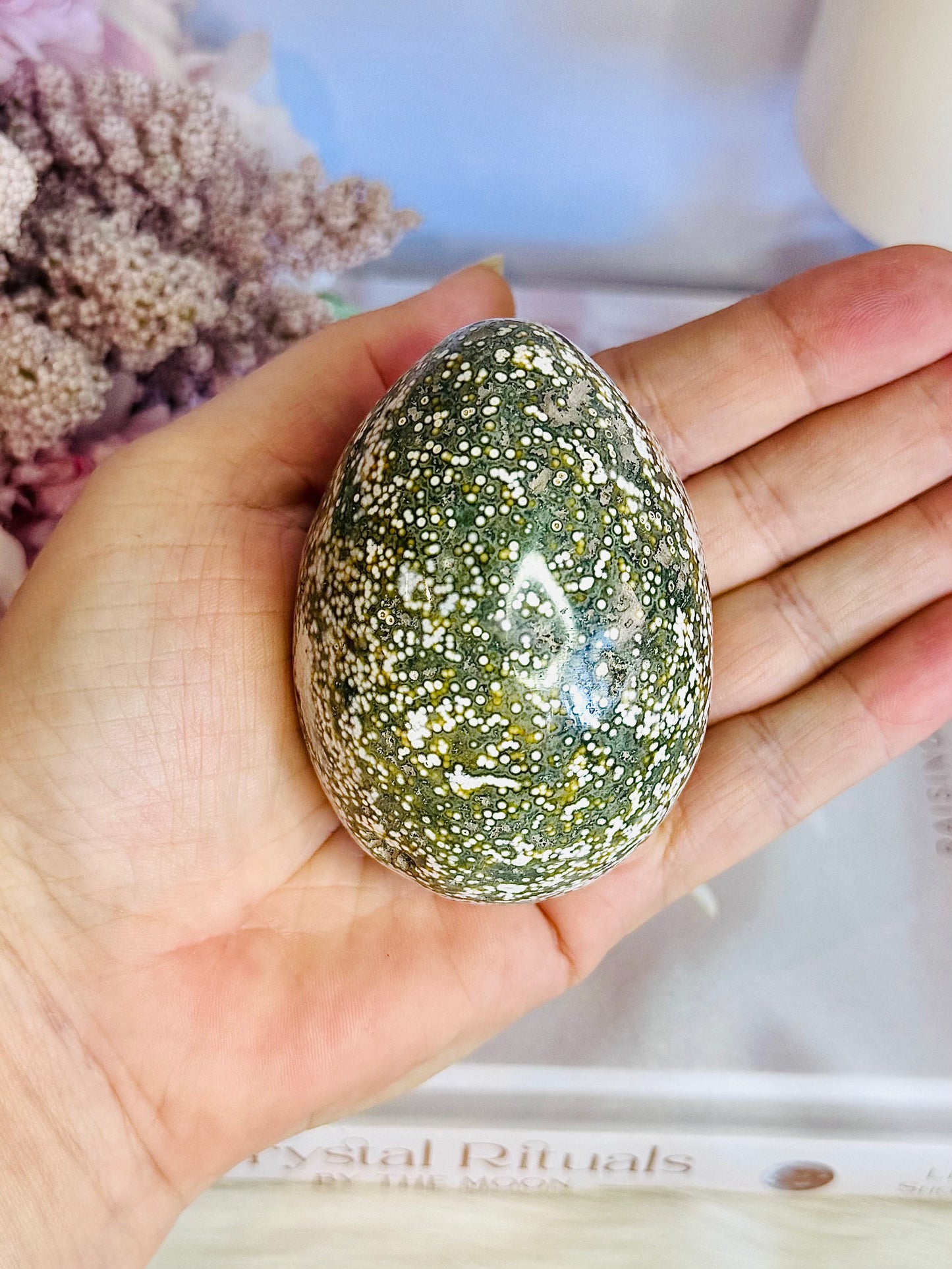 Beautiful Orbicular Ocean Jasper Egg 7.5cm On Stand