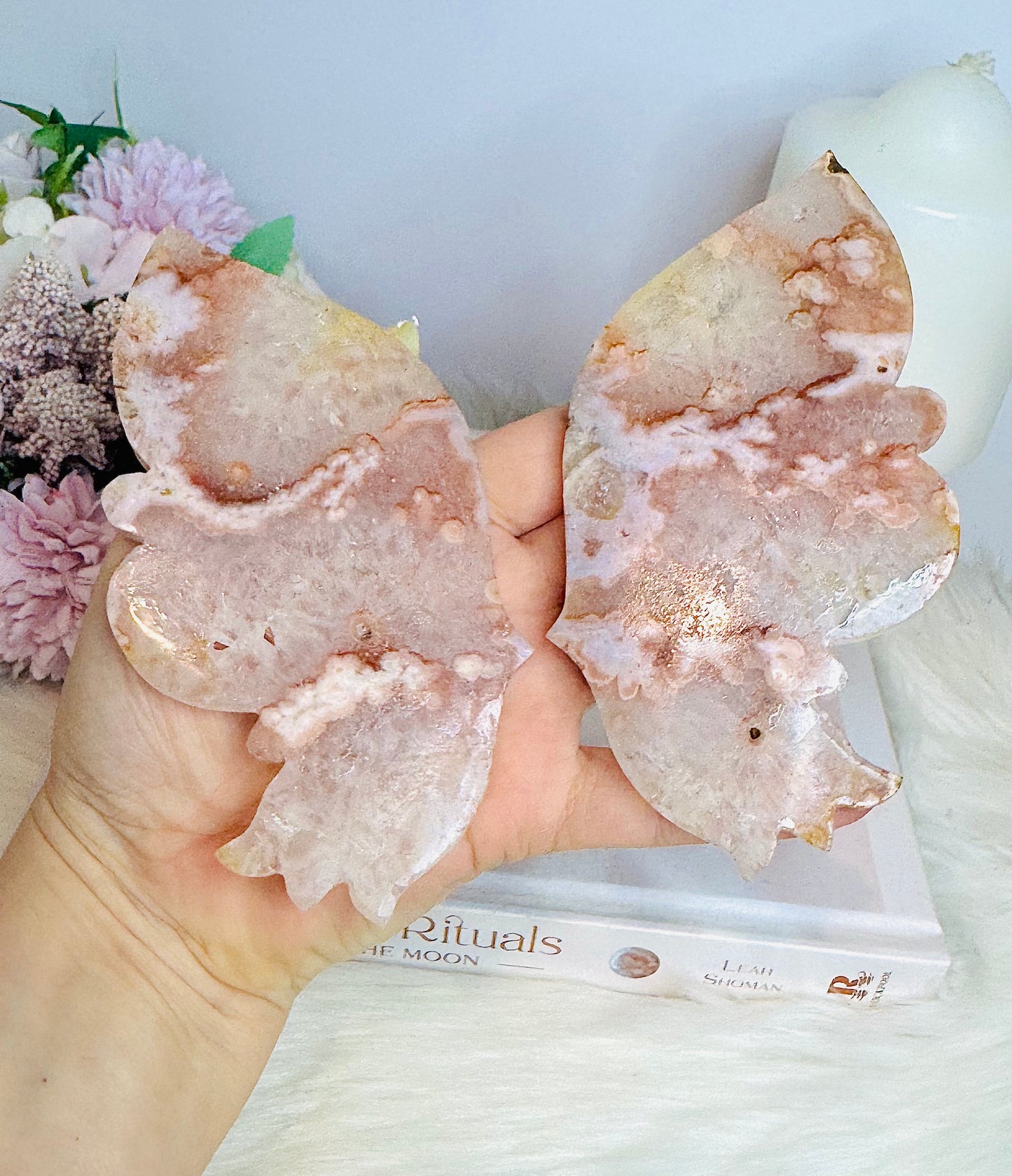 Flower Agate Carved Wings On Stand 20cm