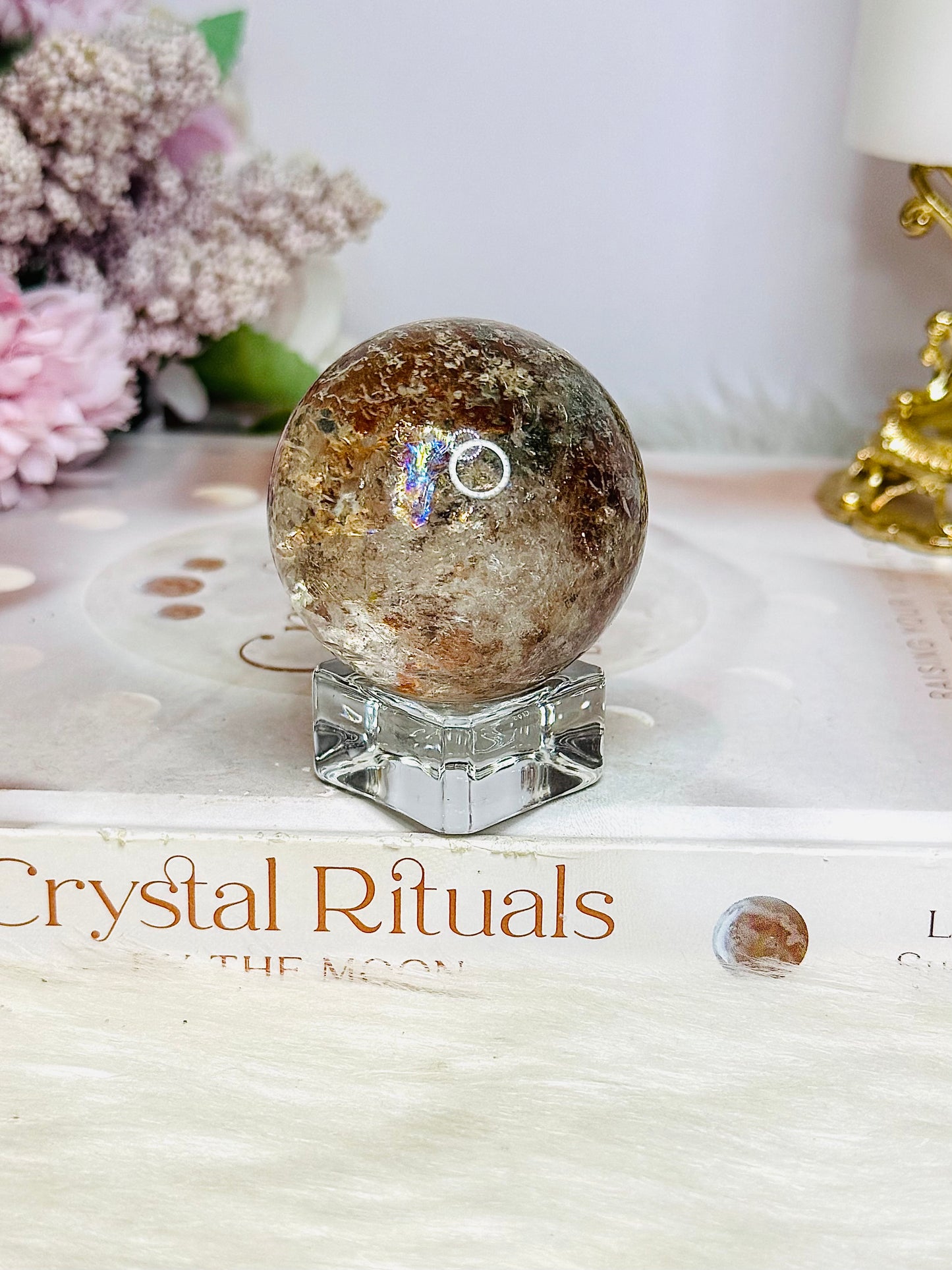 High Grade Garden Quartz Sphere with Rainbows 114g on Stand